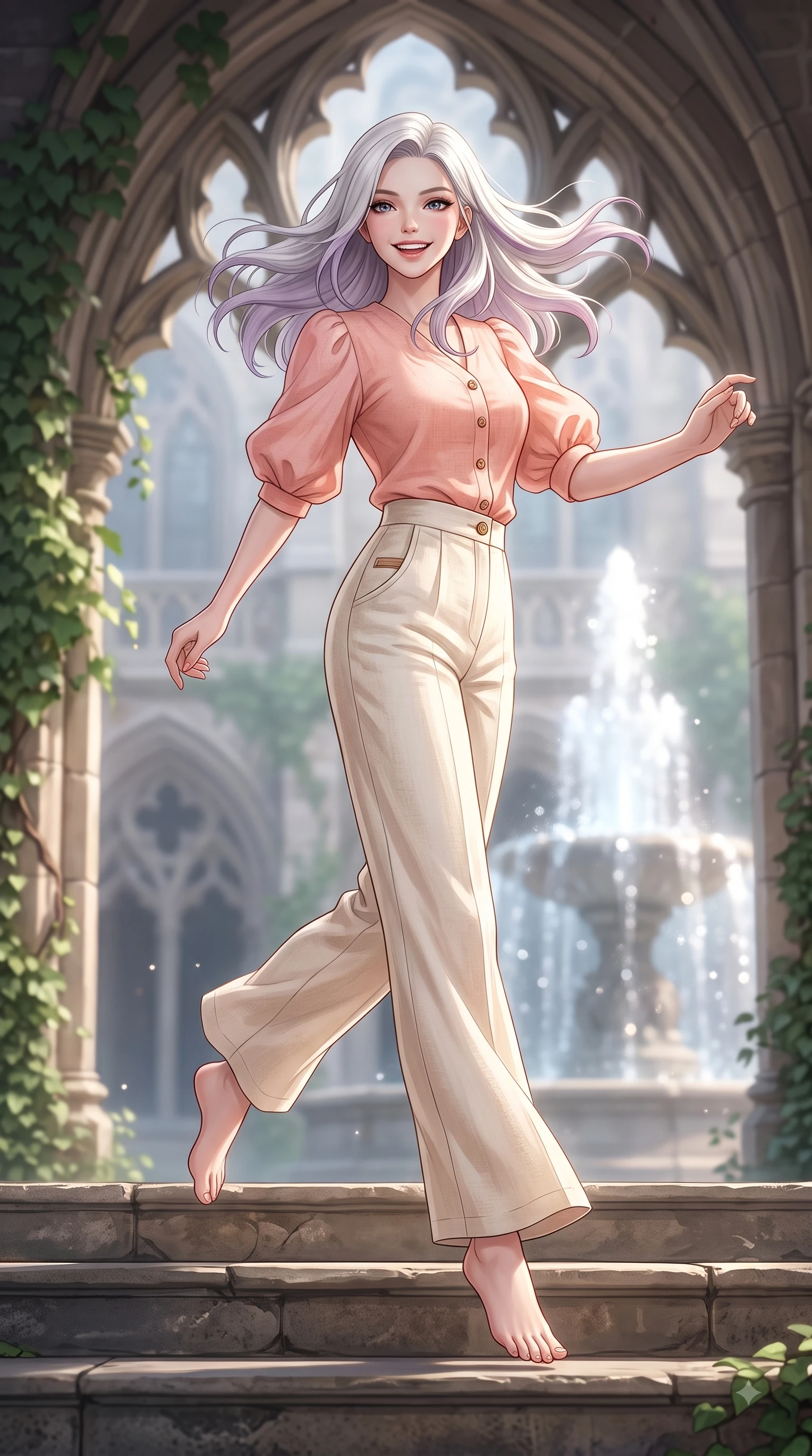 score_9, masterpiece, best quality, ultra-detailed, high-budget anime keyframe, editorial fashion photography, tasteful artistic composition, Caucasian woman. low angle full-body shot from head to toe showing her feet, filling the entire 9:16 vertical frame with her statuesque presence, stretching her vertical silhouette. leaping with pure youthful energy through the scene with a radiant bright smile, her long slender legs balanced gracefully while pivoting dynamically on the stone steps of an ivy-draped academic hall with a radiant girlhood smile. The composition keeps background elements in soft focus with dreamy bokeh. gothic campus arches and sparkling fountain waters softened in a gentle background haze. She has an absolutely perfect, statuesque 8.5-heads proportion, an exceptionally tall and slender model-like female figure with impossibly long slender legs and an ultra-slim waist. sharp v-shaped jawline, high-bridge nose, intricate jewel-like eyes with depth, thick eyelashes, glossy lips with a natural sheen, flawlessly proportioned anatomical accuracy, natural body alignment, perfectly sculpted elegant limbs, clean dynamic posture without body distortion. wearing an elegant pastel linen blouse with puff sleeves and high-waisted wide-leg trousers in warm coral pink and champagne ivory, crafted from soft breathable linen, finished with neat front wooden buttons and pocket details, the chic real-way fashion cut emphasizing her effortless charm. surrounded by an uplifting, fresh, and youthful academic atmosphere. highly saturated vibrant anime colors, detailed shading with soft gradients, rich glossy textures, high-contrast stereoscopic depth, volumetric dynamic lighting, master piece, 9:16 ratio