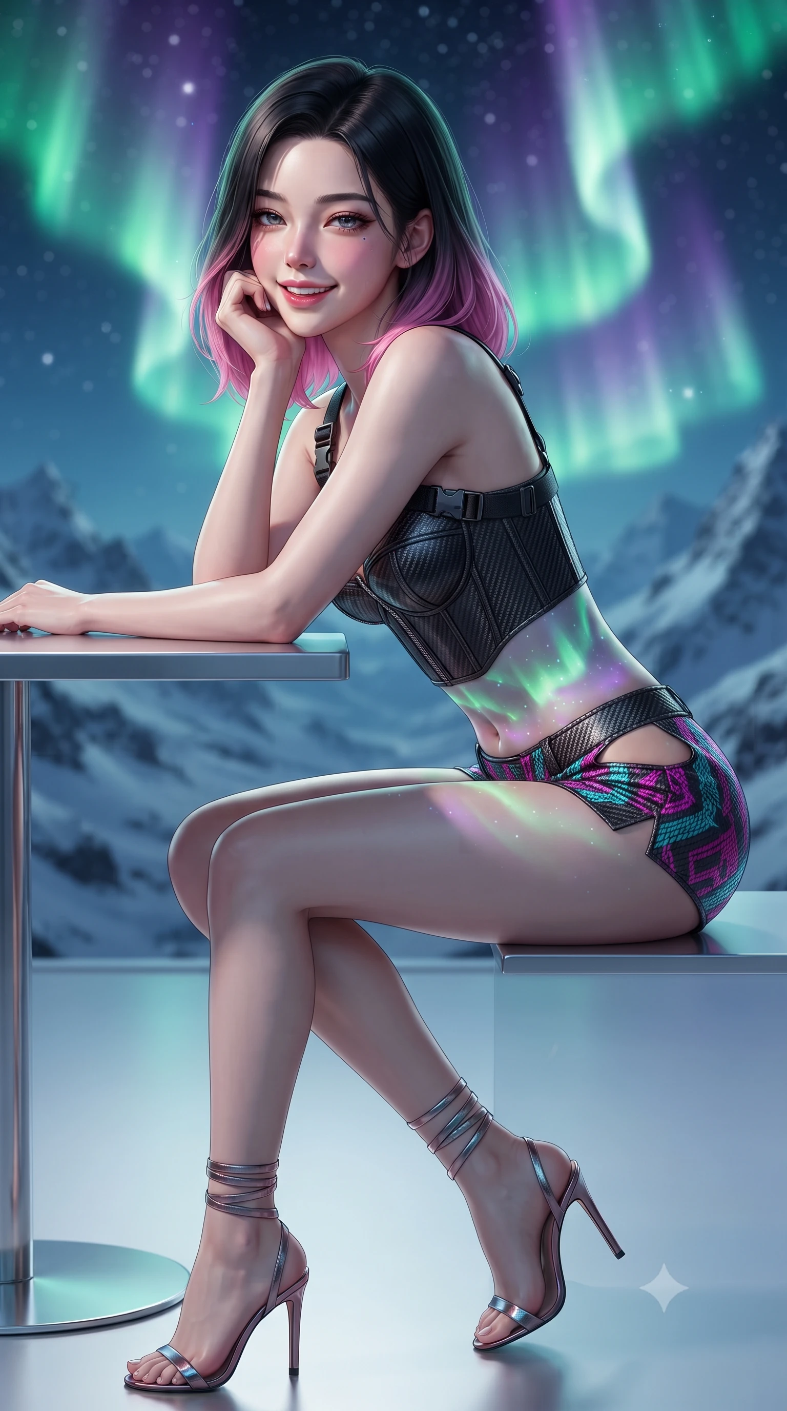 score_9, masterpiece, best quality, ultra-detailed, high-budget anime keyframe, editorial fashion photography, tasteful artistic composition, Korean woman. close-up cowboy shot from the waist and thighs up, the character dominates the composition, filling the frame with her large presence. resting one elbow on the table and supporting her chin, leaning close to the camera with heavy-lidded sparkling eyes and parted lips while twisting her slender torso in an alluring S-curve, celestial green and violet auroral waves playing across her flat midriff and hourglass curves. The background shows a soft-focus rippling emerald and amethyst southern aurora ribbons across the star-studded night sky, jagged snow-covered mountain ridges blurred into jade, violet, and diamond bokeh. She has an exceptionally elegant, slender, and willowy female figure with an ultra-slim waist, flat toned midriff, narrow ribcage, and sculpted feminine hips creating an alluring, slim hourglass silhouette without bulk. sharp v-shaped jawline, high-bridge nose, intricate jewel-like sparkling eyes with depth, thick eyelashes, glossy parted lips with a natural peach sheen, bright cheerful beaming smile with an enchanting and coquettish sensual glint, exuding both youthful cute charm and seductive allure, flawlessly proportioned anatomical accuracy, strict slender model proportions, natural body alignment, perfectly sculpted long slender limbs, ultra-slim waistline, clean dynamic posture without body distortion. wearing a sculpted carbon-fiber underwire crop corset with tactical buckle straps paired with low-rise micro shorts in Kowloon neon magenta and electric teal, woven from structured carbon-fiber jacquard with rich textural depth, complemented by strappy stiletto sandals with metallic ankle wraps accentuating her slender calves, the precision-cut side openings and low-back scoop framing her graceful spine and the sensual sweep of her slim, toned hips. illuminated by snow crust reflection bounce and sharp aurora-emerald rim lights sculpting her jawline, narrow waist, and curvy hips. ultra-reflective glossy finish, specular highlights, rich textural contrasts, high-contrast stereoscopic depth, volumetric dynamic lighting, 2k, ultra detail, master piece, 9:16 ratio
