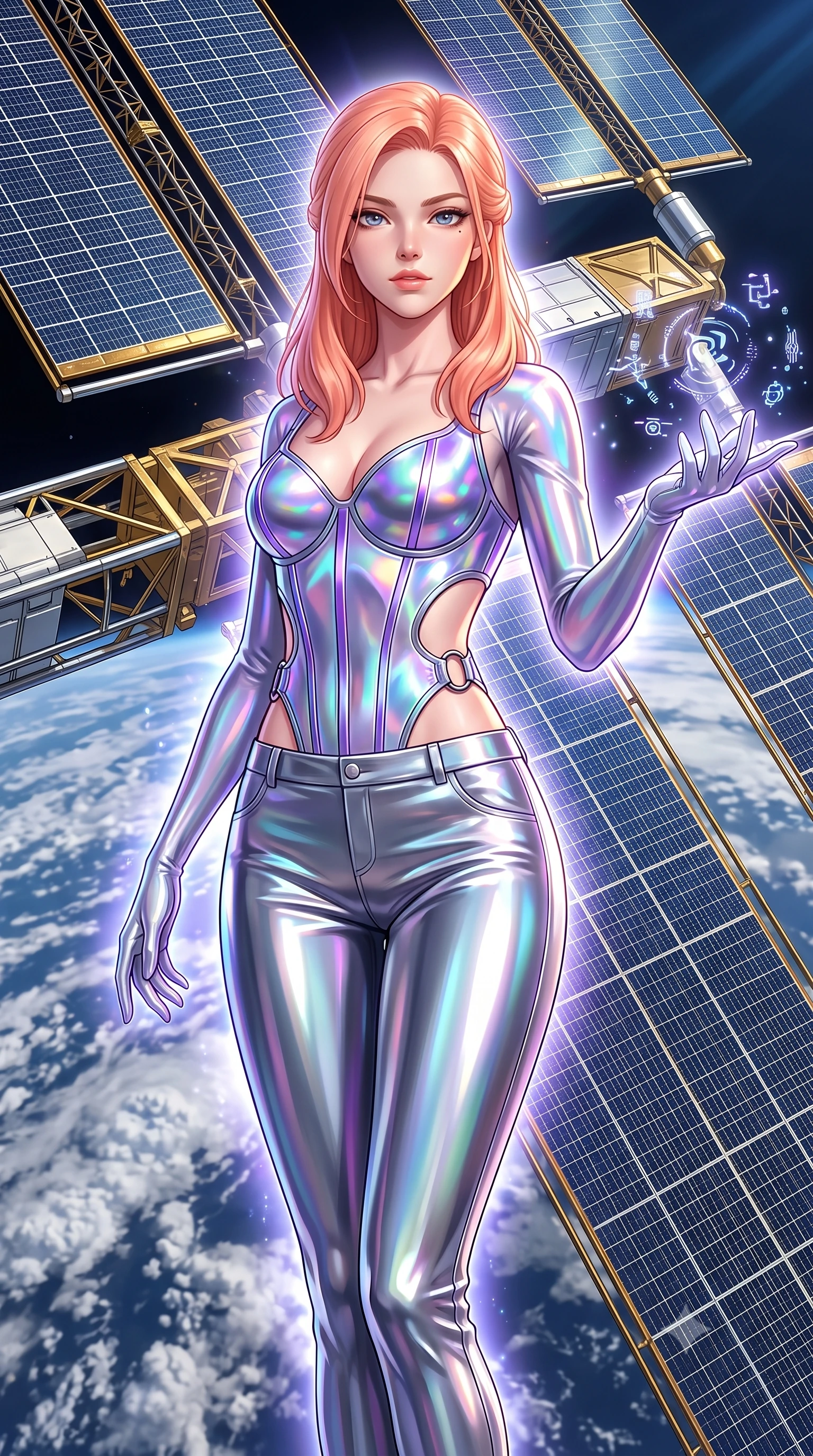 score_9, masterpiece, best quality, ultra-detailed, high-budget anime keyframe, semi-realistic 3D game render, editorial fashion photography, tasteful artistic composition, Japanese woman. close-up cowboy shot from the waist and thighs up, the character dominates the composition, filling the frame with her large presence. extending one arm gracefully as floating holographic glyphs and nano-crystals orbit her fingertips with sovereign power while standing poised on the gold and chrome solar array truss of a massive orbital space station overlooking planet Earth. The surrounding environment is rendered in vivid detail and crisp panoramic clarity. sharp solar panel grid cell textures, gold-plated titanium truss joints, and earth cloud patterns in deep focus. She has an exceptionally elegant, slender, and willowy female figure with an ultra-slim waist, a gracefully sculpted slender torso, toned flat midriff, and a refined slim silhouette. sharp v-shaped jawline, high-bridge nose, intricate jewel-like eyes with depth, thick eyelashes, glossy lips with a natural sheen, flawlessly proportioned anatomical accuracy, strict slender model proportions, natural body alignment, perfectly sculpted long slender limbs, ultra-slim waistline, clean dynamic posture without body distortion. wearing a structured translucent cyber-corset paired with tailored high-fashion satin trousers that sharply cinch her ultra-slim waist in iridescent holographic chrome with prism violet highlights, crafted from ultra-reflective second-skin liquid metal with a mirror-like polish, detailed with polished silver rings connecting the daring side-waist cutouts, the glove-like aerodynamic second-skin fit tightly clinging to her ultra-slender waist and athletic curves without adding bulk, accentuating her razor-sharp statuesque lines and slim hourglass silhouette. surrounded by an awe-inspiring, supreme, and radiantly divine cosmic sovereign aura. rich saturated anime colors with glowing neon highlights, detailed shading with soft gradients, rich glossy textures, high-contrast stereoscopic depth, volumetric dynamic lighting, master piece, 9:16 ratio