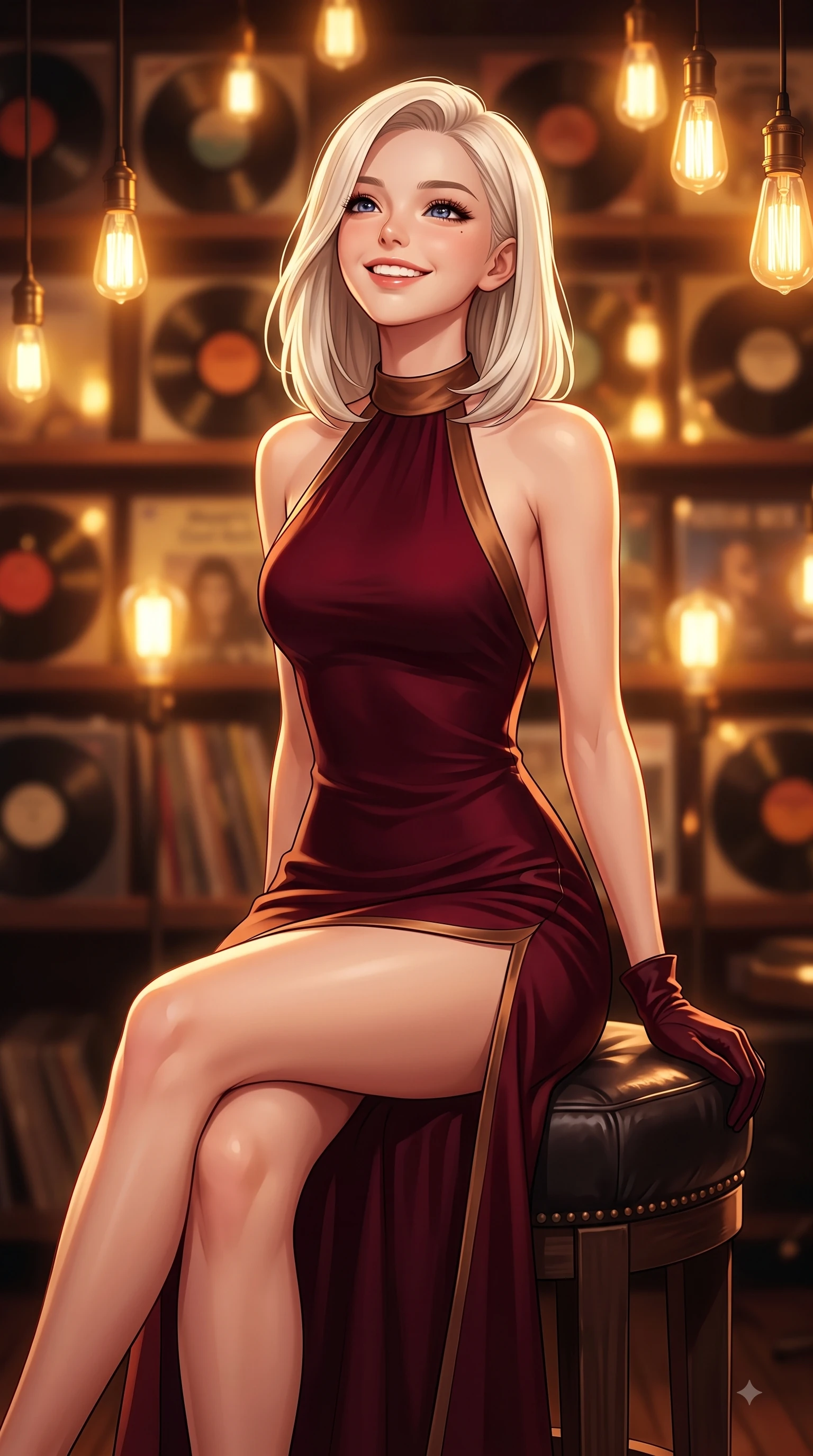 score_9, masterpiece, best quality, ultra-detailed, high-budget anime keyframe, editorial fashion photography, tasteful artistic composition, Caucasian woman. close-up cowboy shot from the waist and thighs up, the character dominates the composition, filling the frame with her large presence. Tilting her chin up with a sweet beaming smile of pure delight while balancing dynamically amidst the scene while resting on a leather stool under warm amber lamps with a cozy, happy expression. The composition keeps background elements in soft focus with dreamy bokeh. shelves of vintage vinyl records and warm amber Edison lamps blurred into cozy golden bokeh. She has an exceptionally elegant, slender, and willowy female figure with an ultra-slim waist, a gracefully sculpted slender torso, and a refined silhouette. sharp v-shaped jawline, high-bridge nose, intricate jewel-like eyes with depth, thick eyelashes, glossy lips with a natural sheen, flawlessly proportioned anatomical accuracy, natural body alignment, perfectly sculpted elegant limbs, clean dynamic posture without body distortion. wearing a delicate silk halter-neck dress following her curves gracefully in deep burgundy red and bronze accent, tailored from fine wool crepe with clean lines, featuring a sleek side leg slit ascending to mid-thigh, the glove-like fit emphasizing her statuesque silhouette during motion. surrounded by a nostalgic, warm, and intimate retro music atmosphere. highly saturated vibrant anime colors, detailed shading with soft gradients, rich glossy textures, high-contrast stereoscopic depth, volumetric dynamic lighting, master piece, 9:16 ratio