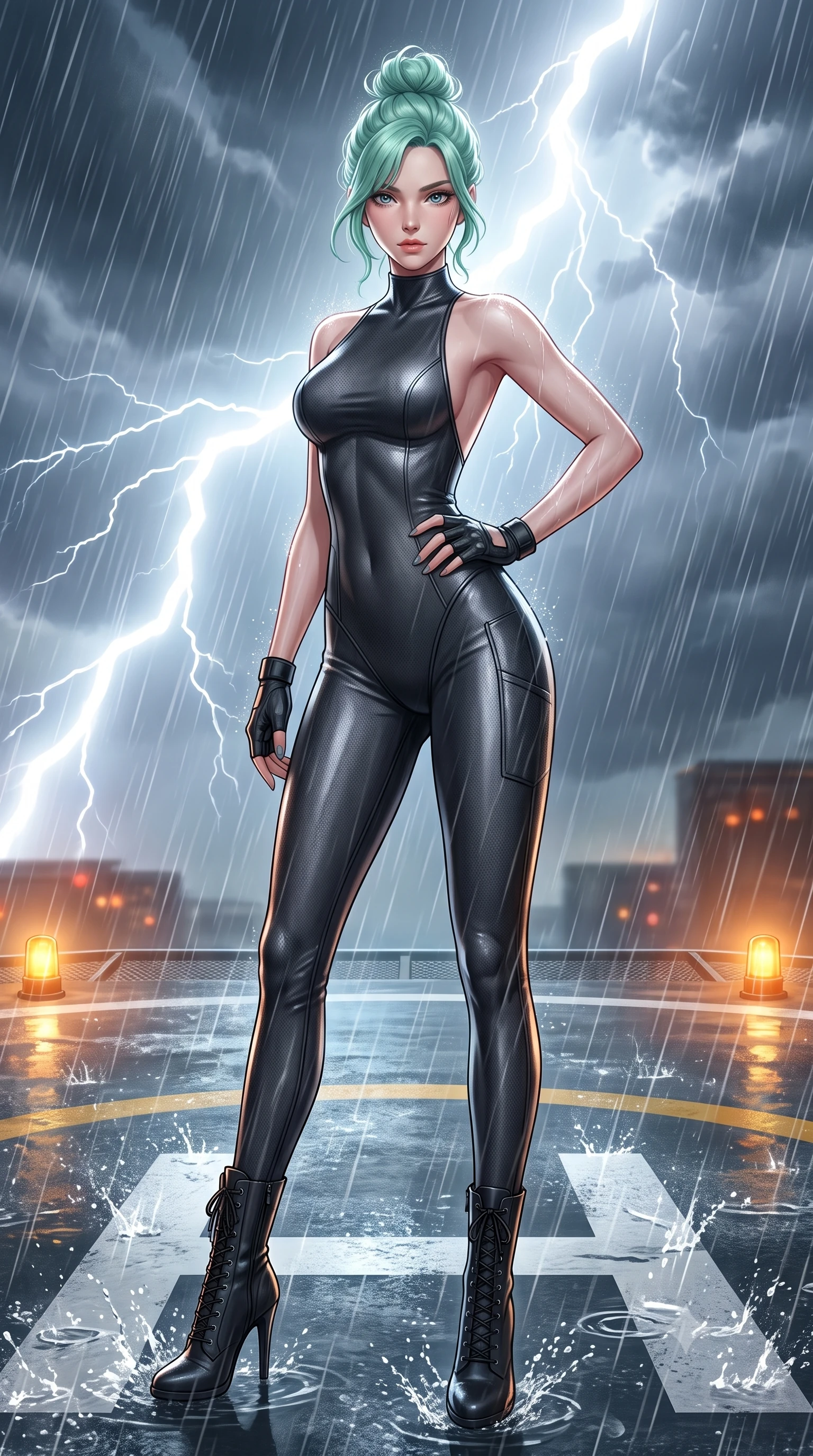 score_9, masterpiece, best quality, ultra-detailed, high-budget anime keyframe, semi-realistic 3D game render, editorial fashion photography, tasteful artistic composition, Japanese woman. low angle full-body shot from head to toe showing her feet, filling the entire 9:16 vertical frame with her statuesque presence, stretching her vertical silhouette. standing poised with one hip cocked in an alluring high-fashion pose, her tall 8.5-heads proportions dominating the scene while pivoting dynamically as gale-force storm winds whip rain across the helipad markings, parrying an alarm sensor with poise. The surrounding environment is rendered in vivid detail and crisp panoramic clarity. sharp helipad marking paint textures, distinct water droplet splashes, and wet leather coat sheen in deep focus. She has an absolutely perfect, statuesque 8.5-heads proportion, an exceptionally tall and slender model-like female figure with impossibly long slender legs, a toned flat midriff, and an ultra-slim waist. sharp v-shaped jawline, high-bridge nose, intricate jewel-like eyes with depth, thick eyelashes, glossy lips with a natural sheen, captivating and magnetic expression, flawlessly proportioned anatomical accuracy, strict slender model proportions, natural body alignment, perfectly sculpted long slender limbs, ultra-slim waistline, clean dynamic posture without body distortion. wearing an undercover operative tailored backless evening catsuit with concealed gadget pockets in deep charcoal and specular titanium finish, made of reinforced ripstop micro-mesh with thermal insulation lining, complemented by tactical fingerless combat gloves and stiletto combat boots, the breezy yet form-flattering drape swaying gracefully with her steps, accentuating her long willowy limbs and slim waistline. bathed in blinding white storm lightning flash backlighting and warm amber perimeter beacon fill. highly saturated vibrant anime colors, detailed shading with soft gradients, rich glossy textures, high-contrast stereoscopic depth, volumetric dynamic lighting, master piece, 9:16 ratio