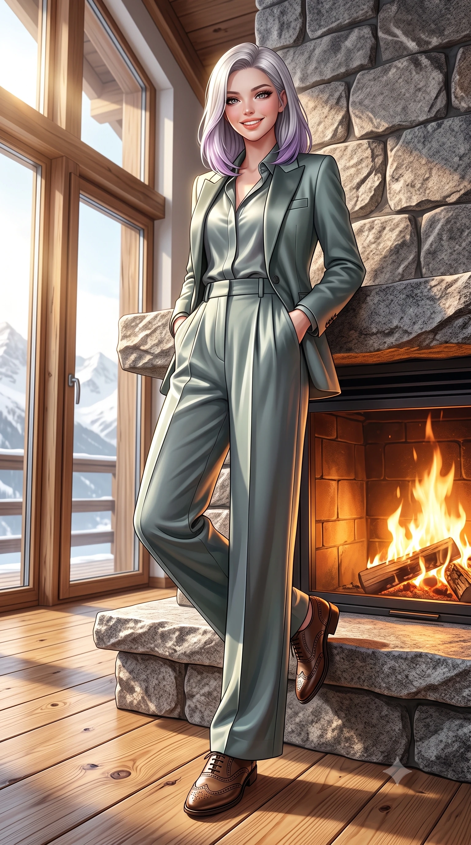 score_9, masterpiece, best quality, ultra-detailed, high-budget anime keyframe, semi-realistic 3D game render, editorial fashion photography, tasteful artistic composition, Caucasian woman. low angle full-body shot from head to toe showing her feet, filling the entire 9:16 vertical frame with her statuesque presence, stretching her vertical silhouette. standing tall and centered in the frame with hands tucked into her coat pockets, radiating statuesque poise and calm warmth while leaning with effortless supermodel poise against the granite fireplace mantel, one boot resting lightly on the hearth ledge. The surrounding environment is rendered in vivid detail and crisp panoramic clarity: sharp natural cleavage lines in rough-hewn granite fireplace, triple-glazed insulated window seals, and wide fir timber plank grain in deep focus. She has an exceptionally tall and slender model-like 8.5-heads proportion, an ultra-slim waist, a flat toned midriff, narrow delicate ribcage, and beautifully sculpted feminine hips creating a graceful, slim hourglass silhouette without any bulky heaviness, with impossibly long slender legs. sharp v-shaped jawline, high-bridge nose, intricate jewel-like sparkling eyes with depth, thick eyelashes, glossy parted lips with a natural peach sheen, bright cheerful beaming smile with an enchanting and coquettish sensual glint, exuding both youthful cute charm and seductive allure, flawlessly proportioned anatomical accuracy, strict slender model proportions, natural body alignment, perfectly sculpted long slender limbs, ultra-slim waistline, clean dynamic posture without body distortion. wearing a chic tailored smoking jacket blazer paired with fluid pleated palazzo trousers and a silk blouse base in misty Arashiyama bamboo green and slate grey, crafted from fluid mulberry silk twill with an understated lustrous pearl finish, complemented by classic polished leather oxfords with brogue perforations, the streamlined silhouette following her natural slender proportions with sophisticated poise, enhancing her tall willowy presence. bathed in the dramatic high-altitude Swiss mountain sunlight streaming through panoramic windows mixed with golden hearth firelight. highly saturated vibrant anime colors, detailed shading with soft gradients, rich glossy textures, high-contrast stereoscopic depth, volumetric dynamic lighting, master piece, 9:16 ratio