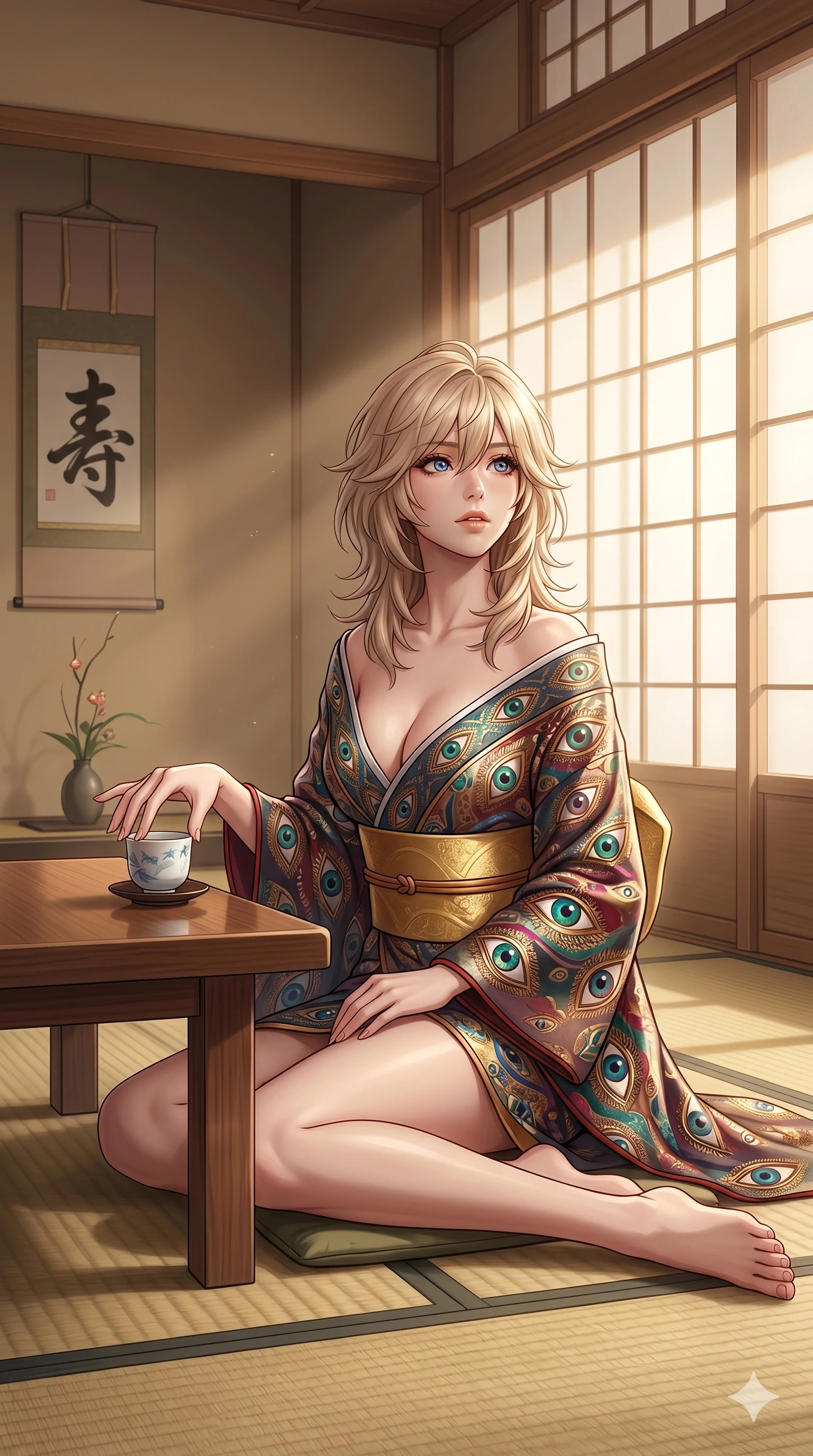 score_9, masterpiece, best quality, ultra-detailed, high-budget anime keyframe, editorial fashion photography, tasteful artistic composition, Japanese woman. cowboy shot from the thighs up, character and outfit filling the frame for maximum editorial presence. resting her fingers on a porcelain tea cup, looking up with a gentle, curious gaze inside a traditional tatami room with sliding paper doors (Code-P16-090). She has an absolutely perfect 8-heads proportion, an exceptionally tall and slender female figure with impossibly long slender legs and an ultra-slim waist. V-shaped jawline, high-bridge nose, intricate jewel-like eyes with depth, thick eyelashes, glossy lips with a natural sheen. wearing a modern silk kimono dress with a plunging neck and wide gold obi belt. soft warm morning sunbeams filtering through the paper screens, casting a gentle glow. 2k, ultra detail, master piece, 9:16 ratio