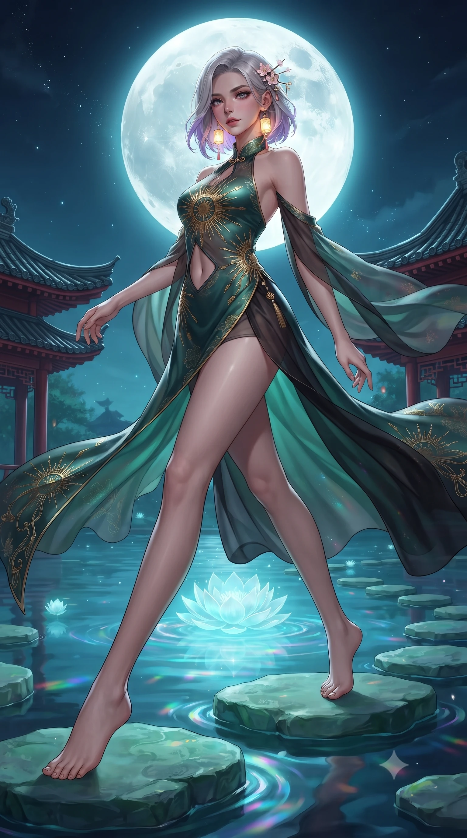 score_9, masterpiece, best quality, ultra-detailed, high-budget anime keyframe, editorial fashion photography, tasteful artistic composition, Caucasian woman. low angle full-body shot from head to toe showing her feet, filling the entire 9:16 vertical frame with her statuesque presence, stretching her vertical silhouette. pivoting dynamically with supreme athletic balance and poise, her impossibly long slender legs creating a breathtaking line while striding across floating jade stepping stones with ethereal, weightless grace and divine celestial poise. The surrounding environment is rendered in vivid detail and crisp panoramic clarity. detailed pagoda tile ridges, moonlight reflection paths on water, and silk fabric embroidery in high resolution. She has an absolutely perfect, statuesque 8.5-heads proportion, an exceptionally tall and slender model-like female figure with impossibly long slender legs, a toned flat midriff, and an ultra-slim waist. sharp v-shaped jawline, high-bridge nose, intricate jewel-like eyes with depth, thick eyelashes, glossy lips with a natural sheen, captivating and magnetic expression, flawlessly proportioned anatomical accuracy, strict slender model proportions, natural body alignment, perfectly sculpted long slender limbs, ultra-slim waistline, clean dynamic posture without body distortion. wearing a celestial priestess halter gown with golden sunburst embroidery and sheer leg veils in jade green and dark obsidian, made of liquid-smooth silk satin with subtle floral jacquard, accessorized with delicate cherry blossom hairpins and glowing paper lantern charms, the breezy yet form-flattering drape swaying gracefully with her steps, accentuating her long willowy limbs and slim waistline. bathed in radiant silver-white full moon backlighting and soft cyan holographic lotus glow. ultra-reflective glossy finish, specular highlights, rich textural contrasts, high-contrast stereoscopic depth, volumetric dynamic lighting, 2k, ultra detail, master piece, 9:16 ratio