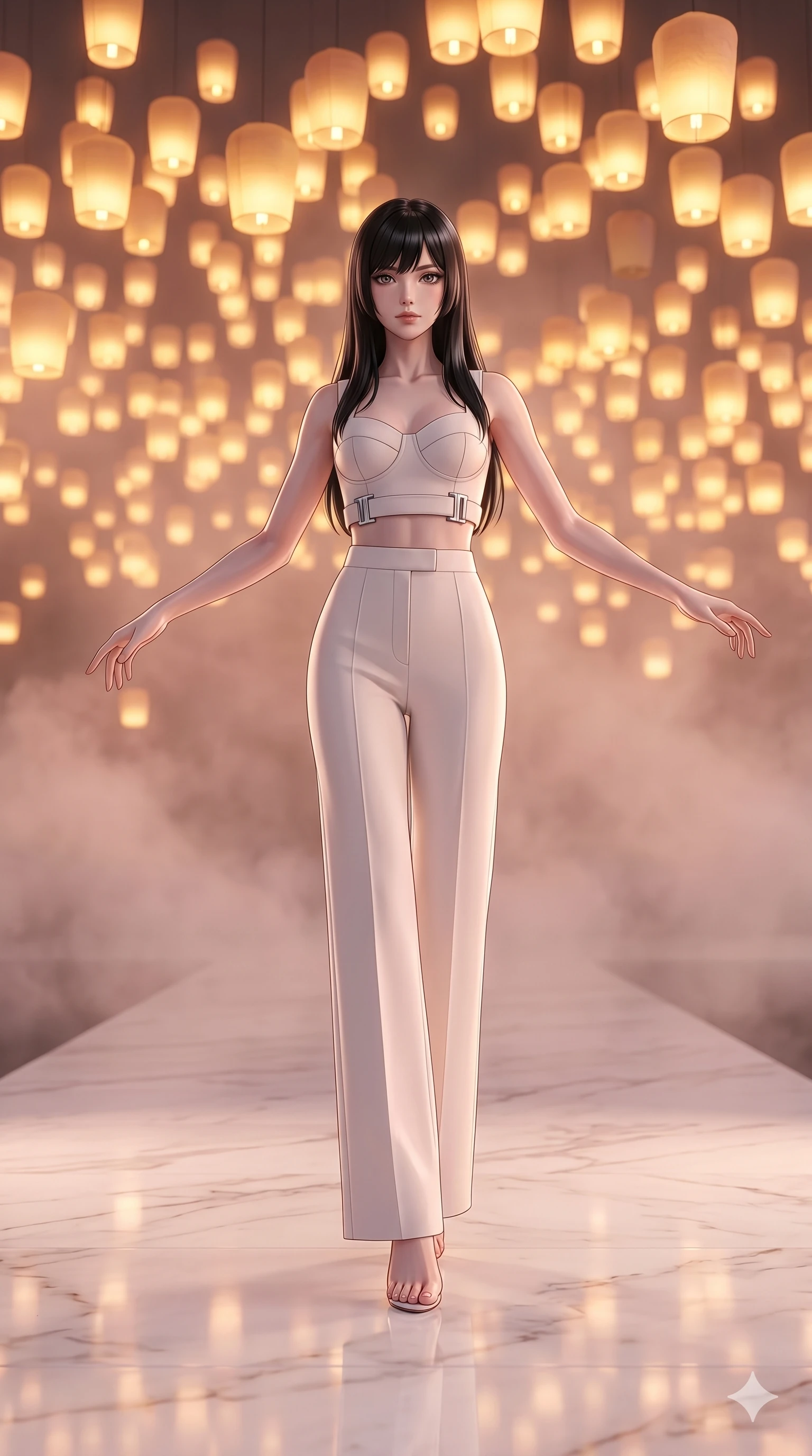 score_9, masterpiece, best quality, ultra-detailed, high-budget anime keyframe, editorial fashion photography, tasteful artistic composition, Caucasian woman, strictly human ears. low angle full-body shot from head to toe showing her feet, filling the entire 9:16 vertical frame with her statuesque presence, stretching her vertical silhouette. Balancing with elegant poise on tiptoe with arms extended on a runway of polished white marble under a canopy of thousands of floating luminous lanterns. She has an absolutely perfect 8-heads proportion, an exceptionally tall and slender female figure with impossibly long slender legs and an ultra-slim waist. V-shaped jawline, high-bridge nose, intricate jewel-like eyes with depth, thick eyelashes, glossy lips with a natural sheen. wearing a structured neoprene editorial crop top with molded architectural panels and bold chrome hardware at the waist, paired with precision high-waist neoprene trousers with a clean wide-leg silhouette. bathed in soft rose-gold dawn light filtering through atmospheric volumetric fog that wraps her silhouette. 2k, ultra detail, master piece, 9:16 ratio