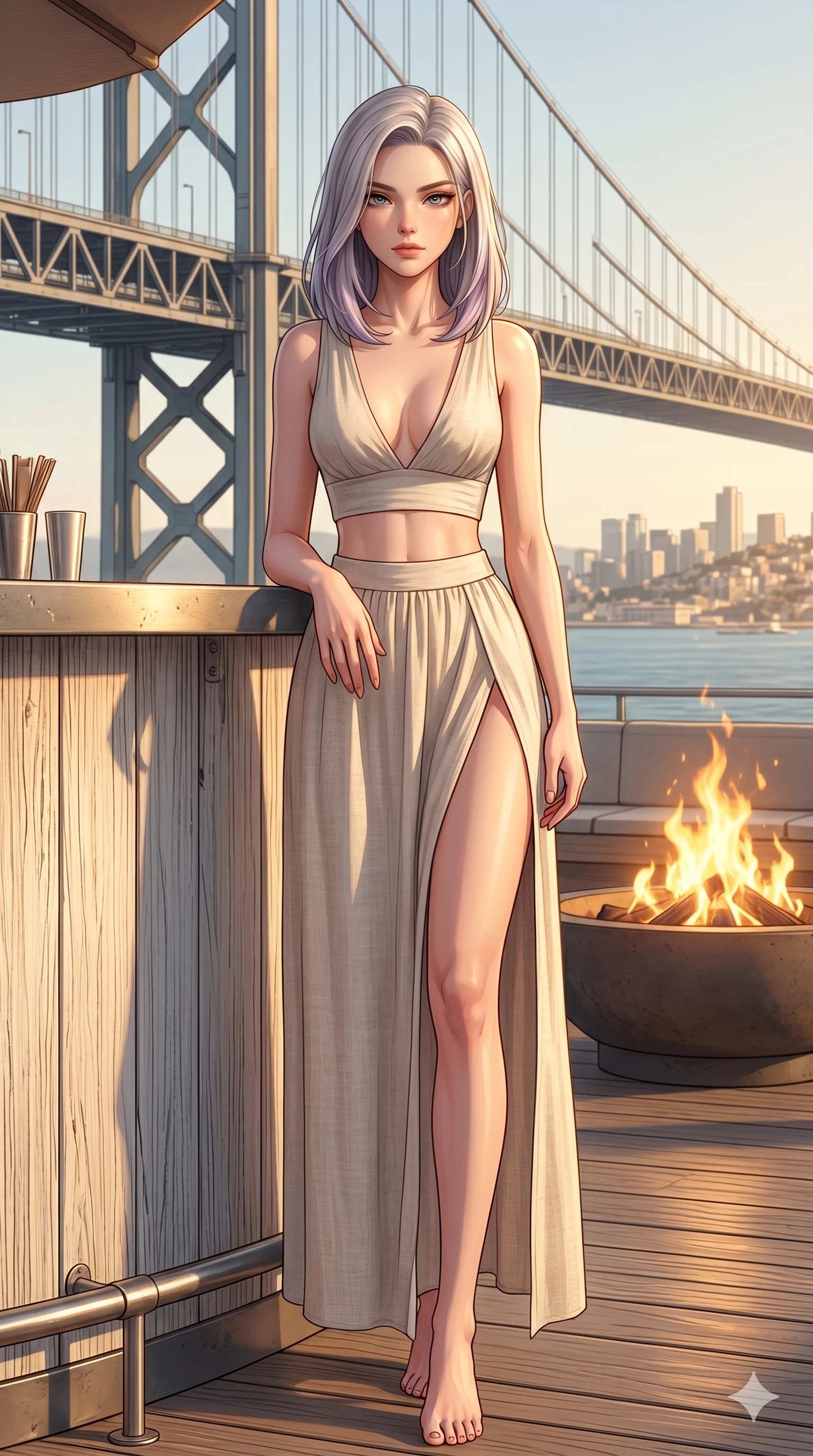 score_9, masterpiece, best quality, ultra-detailed, high-budget anime keyframe, editorial fashion photography, tasteful artistic composition, Caucasian woman, strictly human ears. cowboy shot from the thighs up, character and outfit filling the frame for maximum editorial presence. leaning against a beach bar, casting a cool, superior gaze beneath her lashes on a steel suspension bridge overlooking a sunlit coastal city (Code-P19-080). She has an absolutely perfect 8-heads proportion, an exceptionally tall and slender female figure with impossibly long slender legs and an ultra-slim waist. V-shaped jawline, high-bridge nose, intricate jewel-like eyes with depth, thick eyelashes, glossy lips with a natural sheen. wearing a resort wear set featuring a plunging neckline top in organic linen and a high-slit maxi skirt. warm firelight casting dancing shadows and a soft golden glow over her features. 2k, ultra detail, master piece, 9:16 ratio