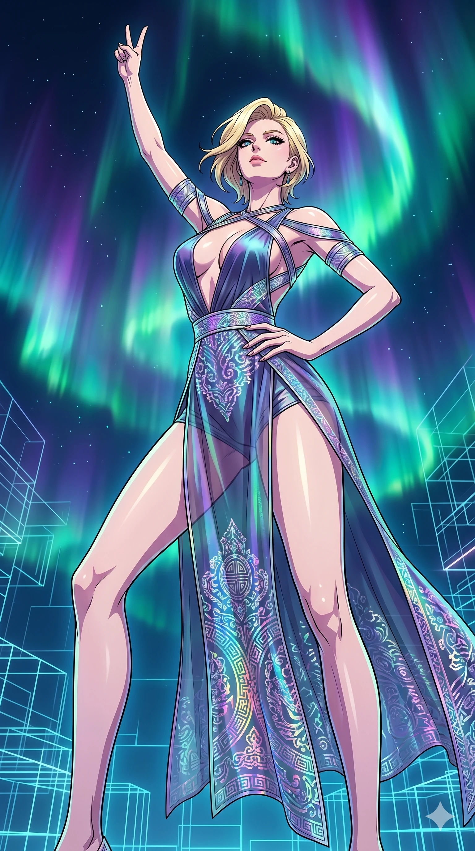 score_9, masterpiece, best quality, ultra-detailed, high-budget anime movie keyframe, cinematic anime lighting, intricate line art, Caucasian (strictly human ears) woman. Low angle cowboy shot filling the entire 9:16 frame with her statuesque presence. standing victoriously in a minimalist digital void amidst aurora borealis. She has an absolutely perfect 8-heads proportion, an exceptionally tall and slender female figure with an ultra-slim waist and impossibly long slender legs. sharp v-shaped jawline, high-bridge nose, intricate jewel-like eyes, thick eyelashes, glossy lips. Wearing modernized deep-plunging silk hanbok-fusion with metallic straps, a high-slit sheer skirt over micro-shorts, and holographic embroidered patterns. The scene is illuminated by dramatic atmospheric lighting and vibrant color palettes. , 2k, ultra detail, master piece, 9:16 ratio