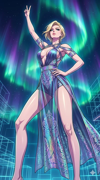 score_9, masterpiece, best quality, ultra-detailed, high-budget anime movie keyframe, cinematic anime lighting, intricate line art, Caucasian (strictly human ears) woman. Low angle cowboy shot filling the entire 9:16 frame with her statuesque presenc