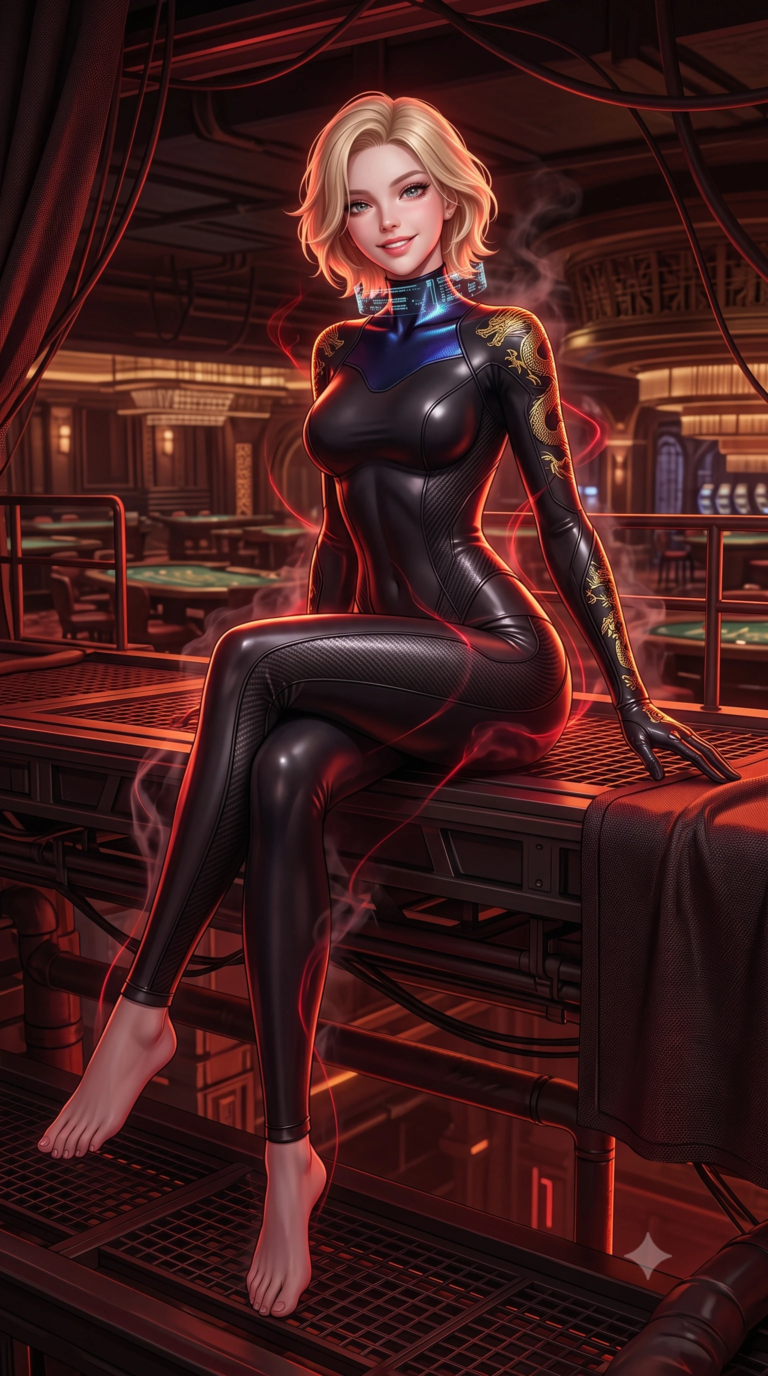 score_9, masterpiece, best quality, ultra-detailed, high-budget anime keyframe, semi-realistic 3D game render, editorial fashion photography, tasteful artistic composition, Caucasian woman. low angle full-body shot from head to toe showing her feet, filling the entire 9:16 vertical frame with her statuesque presence, stretching her vertical silhouette. sitting perched on the elevated maintenance gantry edge with legs crossed and hips angled toward the camera, displaying her toned midriff and long slender limbs with joyful, coquettish charm while twisting her slender torso in an alluring S-curve, swirling crimson light and cigarette smoke tracing her tight suit and hourglass curves. The surrounding environment is rendered in vivid detail and crisp panoramic clarity: detailed suit fabric weave, gold dragon embroidery glints, and underground casino architecture in razor-sharp precision. She has an absolutely perfect, statuesque 8.5-heads proportion, an exceptionally tall and slender model-like female figure with impossibly long slender legs, an ultra-slim waist, a flat toned midriff, narrow delicate ribcage, and beautifully sculpted feminine hips creating a graceful, slim hourglass silhouette without any bulky heaviness. sharp v-shaped jawline, high-bridge nose, intricate jewel-like sparkling eyes with depth, thick eyelashes, glossy parted lips with a natural sheen, bright confident smile with an enchanting and coquettish sensual glint, exuding both youthful magnetic charm and sovereign high-tech allure, flawlessly proportioned anatomical accuracy, strict slender model proportions, natural body alignment, perfectly sculpted long slender limbs, ultra-slim waistline, clean dynamic posture without body distortion. wearing a form-contouring cybernetic combat suit in matte black latex and carbon fiber, tracing her willowy silhouette with a high neck in midnight navy blue and holographic iridescent shimmer, formed from supple thermal silicone composite adhering seamlessly like a second skin, complemented by a high-tech holographic choker projecting miniature glyphs, the high-waisted tailoring accentuating her ultra-slim waistline and the enchanting curve of her feminine hips with alluring dark charm. bathed in intense crimson and deep amber low-key neon accent lighting. highly saturated vibrant anime colors, detailed shading with soft gradients, rich glossy textures, high-contrast stereoscopic depth, volumetric dynamic lighting, master piece, 9:16 ratio