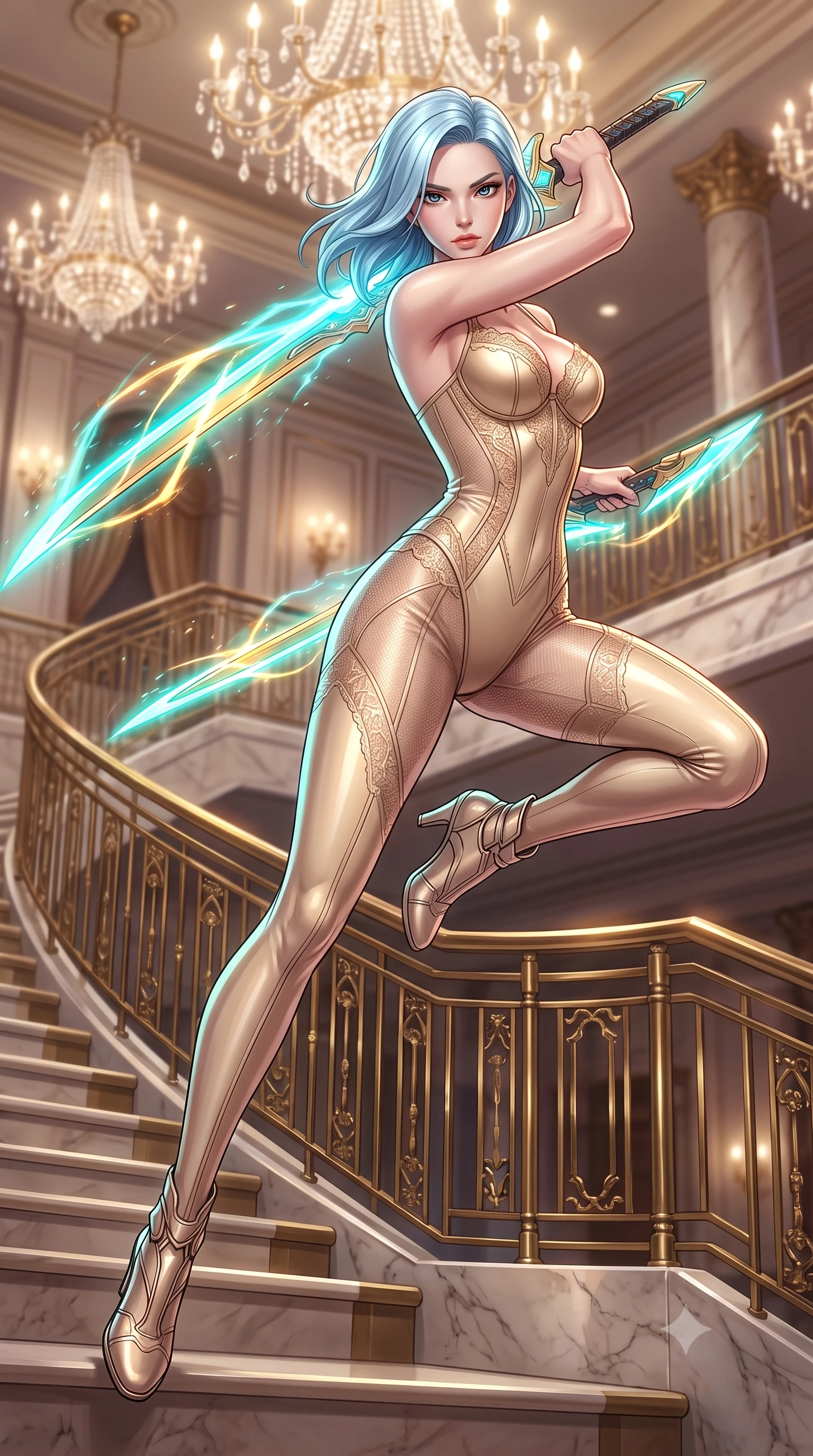 score_9, masterpiece, best quality, ultra-detailed, high-budget anime keyframe, editorial fashion photography, tasteful artistic composition, Korean woman. low angle full-body shot from head to toe showing her feet, filling the entire 9:16 vertical frame with her statuesque presence, stretching her vertical silhouette. leaping forward while slashing with a twin-bladed plasma sword in mid-air, her body-contouring suit showing her athletic silhouette, the background shows a soft-focus a grand staircase lobby with brass railings and crystal chandeliers in soft focus. She has an absolutely perfect, statuesque 8.5-heads proportion, an exceptionally tall and slender model-like female figure with impossibly long slender legs and an ultra-slim waist. sharp v-shaped jawline, high-bridge nose, intricate jewel-like eyes with depth, thick eyelashes, glossy lips with a natural sheen. wearing a body-hugging delicate lace-accented cybernetic bustier in champagne gold, featuring a semi-transparent mesh underlay. soft spotlighting highlighting the silk textures of her elegant outfit. highly saturated vibrant anime colors, detailed shading with soft gradients, rich glossy textures, high-contrast stereoscopic depth, volumetric dynamic lighting, master piece, 9:16 ratio