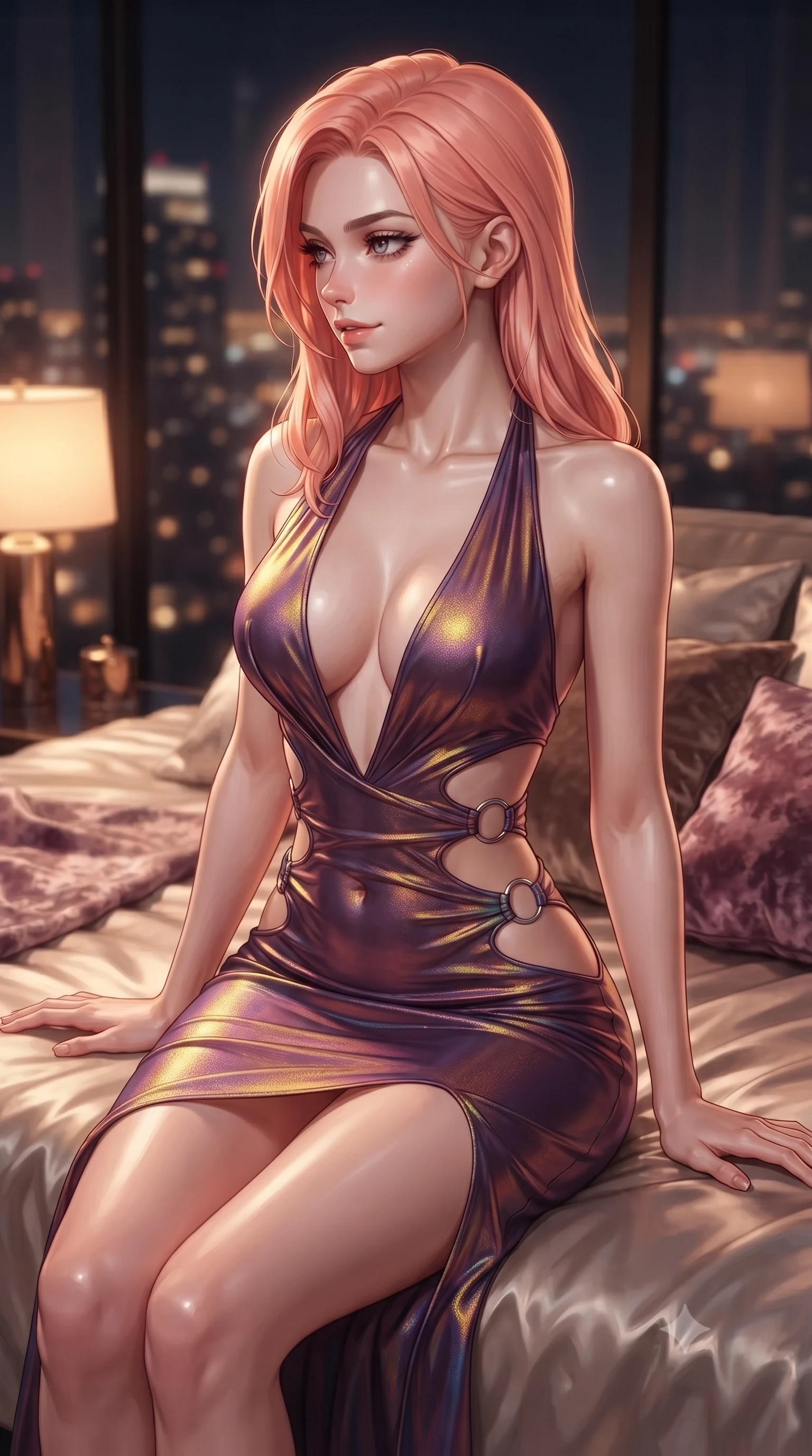 score_9, masterpiece, best quality, ultra-detailed, high-budget anime keyframe, editorial fashion photography, tasteful artistic composition, Japanese woman. close-up cowboy shot from the waist and thighs up, the character dominates the composition, filling the frame with her large presence, background elements kept in soft focus. Glancing sidelong over her shoulder with a smoldering half-smile and heavy lashes sitting on a plush silk daybed in a high-rise luxury penthouse overlooking city lights, rich silk sheets and crushed velvet cushions reflecting warm ambient lamps. She has an exceptionally elegant, slender, and willowy female figure with an ultra-slim waist, a gracefully sculpted slender torso, and a refined silhouette. sharp v-shaped jawline, high-bridge nose, intricate jewel-like eyes with depth, thick eyelashes, glossy lips with a natural sheen. wearing a deep-scoop halter bodycon dress with hip cutouts connected by silver rings in plum purple and gold filigree, crafted from iridescent chiffon that shifts colors in the light, featuring clean architectural cutouts along her slender torso, the sleek second-skin texture accentuating her magnetic presence. surrounded by a cozy, intimate glow with smooth high-contrast shading. ultra-reflective glossy finish, specular highlights, metallic sheen, high-contrast stereoscopic depth, volumetric dynamic lighting, 2k, ultra detail, master piece, 9:16 ratio