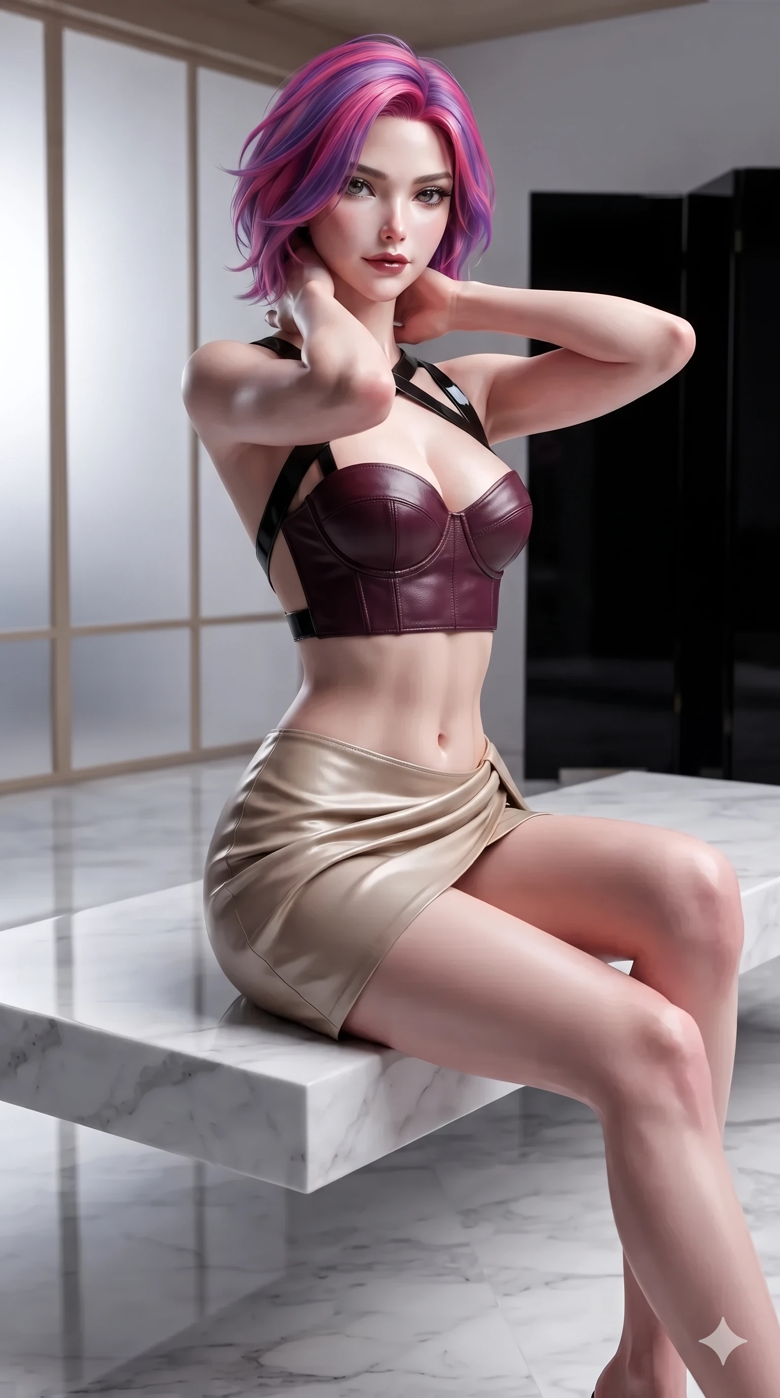 score_9, masterpiece, best quality, ultra-detailed, high-budget anime keyframe, editorial fashion photography, tasteful artistic composition, Caucasian woman. close-up cowboy shot from the waist and thighs up, the character dominates the composition, filling the frame with her large presence. resting both hands lightly behind her neck with elbows raised, arching her spine to highlight her narrow waist, flat midriff, and breathtaking collarbones while perched sideways on the floating marble bench, one knee drawn up to showcase her slender leg line while her arched back accentuates her curves. The surrounding environment is rendered in vivid detail and crisp panoramic clarity: detailed asymmetric metallic gown tailoring, sheer mesh side panels, and Japanese minimalist design in razor-sharp precision. She has an exceptionally elegant, slender, and willowy female figure with an ultra-slim waist, flat toned midriff, narrow ribcage, and sculpted feminine hips creating an alluring, slim hourglass silhouette without bulk. sharp v-shaped jawline, high-bridge nose, intricate jewel-like dark sparkling eyes with dangerous depth, thick curled eyelashes, glossy parted lips with a rich wine sheen, smoldering seductive half-smile with bedroom-eyes, exuding effortless superiority and intoxicating dark allure, flawlessly proportioned anatomical accuracy, strict slender model proportions, natural body alignment, perfectly sculpted long slender limbs, ultra-slim waistline, clean dynamic posture without body distortion. wearing a structured underwire leather bustier top paired with an ultra-short draped wrap mini skirt in dark mulberry wine and antique champagne, made of supple butter-soft lambskin leather with a subtle satin sheen, featuring an open-back criss-cross harness strap in patent black leather, the impeccably tailored cut draping gracefully along her slender figure with aristocratic noir poise. illuminated by mirror-polished marble floor bounce and sharp silver-topaz rim lights defining her razor-sharp jawline, narrow waist, and curvy hips. ultra-reflective glossy finish, specular highlights, rich textural contrasts, high-contrast stereoscopic depth, volumetric dynamic lighting, 2k, ultra detail, master piece, 9:16 ratio