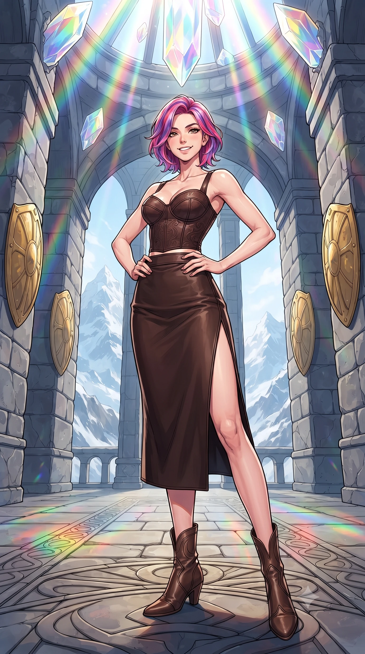 score_9, masterpiece, best quality, ultra-detailed, high-budget anime keyframe, editorial fashion photography, tasteful artistic composition, gorgeous anime illustration, with clean line-art, distinct ink outlines, and high-contrast stereoscopic depth, Caucasian woman, strictly human ears. low angle full-body shot from head to toe showing her feet, filling the entire 9:16 vertical frame with her statuesque presence, stretching her vertical silhouette. striking a proud, smiling pose within in a monumental Nordic stone feast hall with giant floating golden shields along the walls, looking out of giant stone arches onto a majestic snow-covered mountain range. She has a statuesque 8.5-heads proportion, an exceptionally tall, slender and willowy model-like build with impossibly long legs and a highly sculpted ultra-slim waist. sharp v-shaped jawline, high-bridge nose, intricate jewel-like eyes with depth, thick eyelashes, glossy lips with a natural sheen. wearing a fitted bustier top in dark chocolate brown leather, paired with a matching high-waisted midi skirt with a high side slit. cascading rainbow prismatic light refracting through crystal formations overhead. 2k, ultra detail, master piece, 9:16 ratio, highly saturated vibrant anime colors, detailed cel-shading with soft gradients, rich glossy textures, deep contrast, volumetric dynamic lighting, 2d animation style