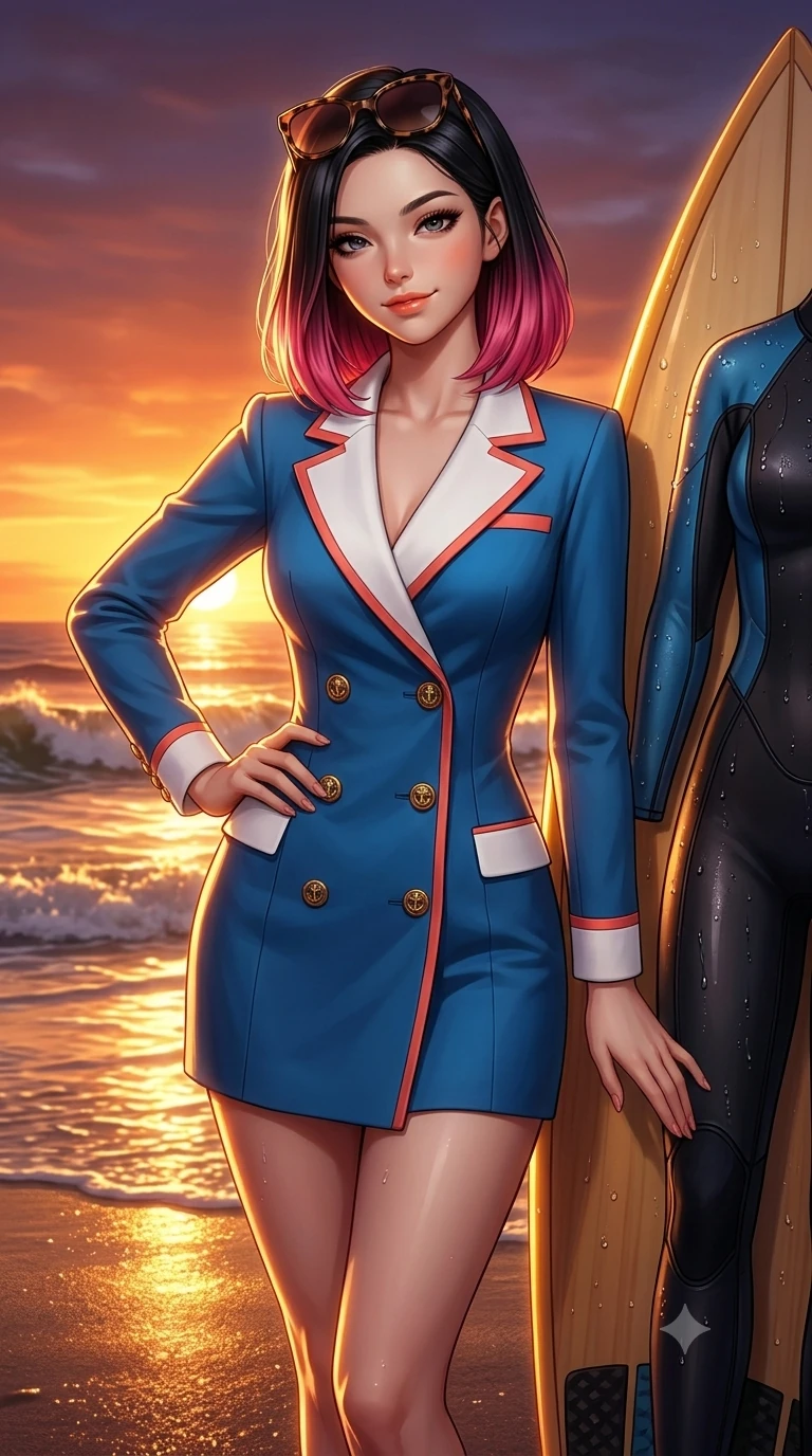 score_9, masterpiece, best quality, ultra-detailed, high-budget anime keyframe, semi-realistic 3D game render, editorial fashion photography, tasteful artistic composition, Korean woman. close-up cowboy shot from the waist and thighs up, the character dominates the composition, filling the frame with her large presence. tilting her head with a teasing half-smile, running one hand slowly down the side of her hip in a flirtatious S-curve as ambient light caresses her silhouette while standing tall beside the surfboard with one hand on her hip, arching her spine with supermodel poise as the setting sun silhouettes her hourglass figure. The surrounding environment is rendered in vivid detail and crisp panoramic clarity: detailed wet-look neoprene surfing bodysuit tailoring, glistening water beads on skin, and coastal surf scape in razor-sharp precision. She has an exceptionally elegant, slender, and willowy female figure with an ultra-slim waist, flat toned midriff, narrow ribcage, and sculpted feminine hips creating an alluring, slim hourglass silhouette without bulk. sharp v-shaped jawline, high-bridge nose, sparkling eyes with hypnotic seductive depth, thick curled eyelashes, glossy parted lips with a natural dewy peach sheen, alluring bedroom-eyes with an enchanting coquettish smile, exuding magnetic siren charisma and sophisticated glamour, flawlessly proportioned anatomical accuracy, strict slender model proportions, natural body alignment, perfectly sculpted long slender limbs, ultra-slim waistline, clean dynamic posture without body distortion. wearing a tailored double-breasted nautical yachting blazer dress with gold anchor crest buttons and crisp white lapels in Mediterranean cerulean blue and optic white with coral trims, tailored from heavy double-faced silk georgette with an exceptionally fluid drape, complemented by oversized designer tortoiseshell sunglasses resting atop her head, the impeccably tailored cut draping gracefully along her slender figure with aristocratic resort poise. illuminated by mirror-like wet sand bounce and sharp molten-gold rim lighting defining her jawline, flat midriff, and voluptuous hip curves. highly saturated vibrant anime colors, detailed shading with soft gradients, rich glossy textures, high-contrast stereoscopic depth, volumetric dynamic lighting, master piece, 9:16 ratio