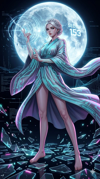 score_9, masterpiece, best quality, ultra-detailed, Set A: High-budget Anime Keyframe, Caucasian (strictly human ears) woman. Low angle cowboy shot filling the entire 9:16 frame with her statuesque presence. Casting a spell through a virtual reality 