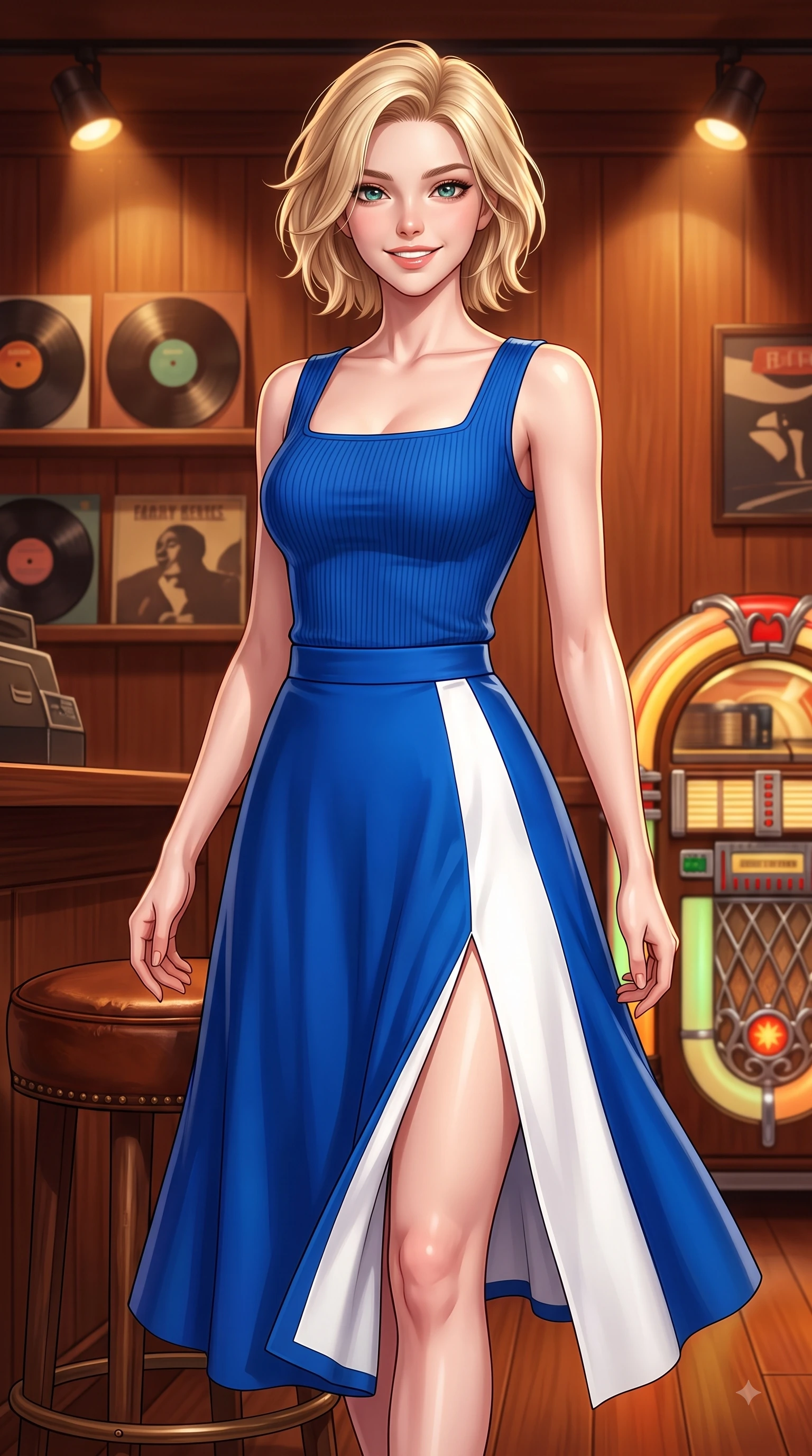 score_9, masterpiece, best quality, ultra-detailed, high-budget anime keyframe, editorial fashion photography, tasteful artistic composition, Caucasian woman. close-up cowboy shot from the waist and thighs up, the character dominates the composition, filling the frame with her large presence. Gazing directly into the camera with a fresh, infectious smile as her torso curves dynamically in mid-stride while resting on a leather stool under warm amber lamps with a cozy, happy expression. The surrounding environment is rendered in vivid detail and crisp panoramic clarity. cozy interior lighting and retro music decor rendered with rich environmental sharpness. She has an exceptionally elegant, slender, and willowy female figure with an ultra-slim waist, a gracefully sculpted slender torso, and a refined silhouette. sharp v-shaped jawline, high-bridge nose, intricate jewel-like eyes with depth, thick eyelashes, glossy lips with a natural sheen, flawlessly proportioned anatomical accuracy, natural body alignment, perfectly sculpted elegant limbs, clean dynamic posture without body distortion. wearing a chic square-neck ribbed top paired with a flowing A-line midi skirt in vibrant cobalt blue and crisp snow white, tailored from fine wool crepe with clean lines, featuring a sleek side leg slit ascending to mid-thigh, the elegant draped fit framing her graceful clavicle and slender torso. illuminated by cozy directional spotlights and rich mahogany reflections. highly saturated vibrant anime colors, detailed shading with soft gradients, rich glossy textures, high-contrast stereoscopic depth, volumetric dynamic lighting, master piece, 9:16 ratio