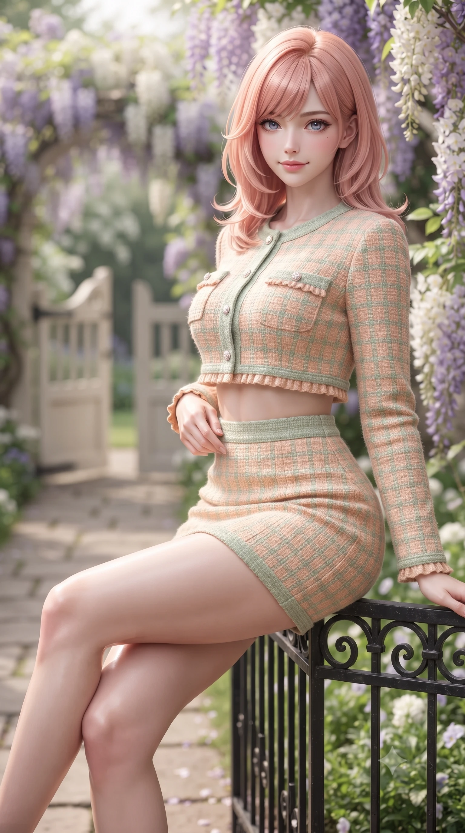 score_9, masterpiece, best quality, ultra-detailed, high-budget anime keyframe, editorial fashion photography, tasteful artistic composition, Japanese woman. close-up cowboy shot from the waist and thighs up, the character dominates the composition, filling the frame with her large presence. tilting her head with a cute beaming smile while arching her spine with effortless dancer poise, one hand sliding along her hip line in a flirtatious S-curve while sitting on the black wrought-iron railing with legs crossed, her long slender legs and narrow waist highlighted in the soft British spring light. The composition keeps background elements in soft focus with dreamy creamy bokeh. quaint garden gates and blooming wisteria vines softened in romantic London shallow focus. She has an exceptionally elegant, slender, and willowy female figure with an ultra-slim waist, flat toned midriff, narrow ribcage, and sculpted feminine hips creating an alluring, slim hourglass silhouette without bulk. sharp v-shaped jawline, high-bridge nose, intricate jewel-like sparkling eyes with depth, thick eyelashes, glossy parted lips with a natural peach sheen, bright cheerful beaming smile with an enchanting and coquettish sensual glint, exuding both youthful cute charm and seductive allure, flawlessly proportioned anatomical accuracy, strict slender model proportions, natural body alignment, perfectly sculpted long slender limbs, ultra-slim waistline, clean dynamic posture without body distortion. wearing a cute pastel tweed two-piece set with a cropped jacket and ultra-fitted high-waisted mini skirt tracing her hips in soft apricot and sage green, formed from supple second-skin stretch ribbed knit clinging to her form, finished with subtle ruffle trims and delicate pearl buttons, the form-contouring cut accentuating her sculpted flat midriff, narrow delicate ribcage, and gracefully curvy hips with supermodel precision. bathed in gentle, luminous British spring sunshine and clean street ambient fill. ultra-reflective glossy finish, specular highlights, rich textural contrasts, high-contrast stereoscopic depth, volumetric dynamic lighting, 2k, ultra detail, master piece, 9:16 ratio