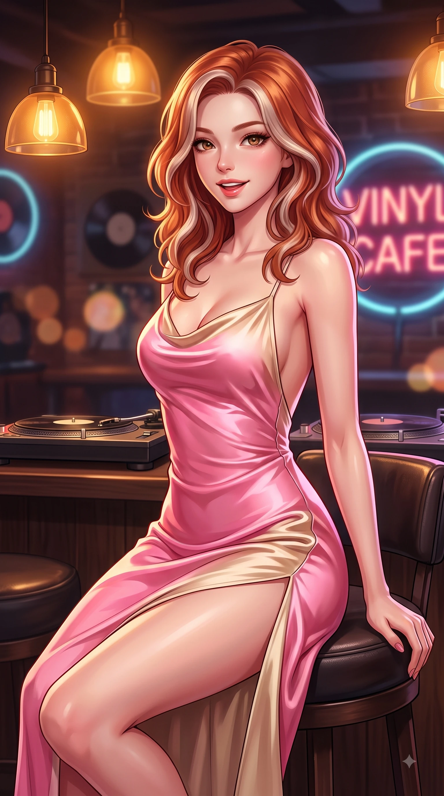score_9, masterpiece, best quality, ultra-detailed, high-budget anime keyframe, editorial fashion photography, tasteful artistic composition, Caucasian woman. close-up cowboy shot from the waist and thighs up, the character dominates the composition, filling the frame with her large presence. Playful cute expression with a warm smile and parted lips, looking right into the camera with vibrant energy while resting on a leather stool under warm amber lamps with a cozy, happy expression. The composition keeps background elements in soft focus with dreamy bokeh. turntables and neon music signs softened by gentle warm depth of field. She has an exceptionally elegant, slender, and willowy female figure with an ultra-slim waist, a gracefully sculpted slender torso, and a refined silhouette. sharp v-shaped jawline, high-bridge nose, intricate jewel-like eyes with depth, thick eyelashes, glossy lips with a natural sheen, flawlessly proportioned anatomical accuracy, natural body alignment, perfectly sculpted elegant limbs, clean dynamic posture without body distortion. wearing a precision-fitted liquid satin slip dress with fluid draped lines and an open back in bright cherry blossom pink and champagne, crafted from lightweight fluid chiffon, featuring a sleek side leg slit ascending to mid-thigh, the elegant draped fit framing her graceful clavicle and slender torso. bathed in warm golden amber lamp glow and retro neon rim light. highly saturated vibrant anime colors, detailed shading with soft gradients, rich glossy textures, high-contrast stereoscopic depth, volumetric dynamic lighting, master piece, 9:16 ratio