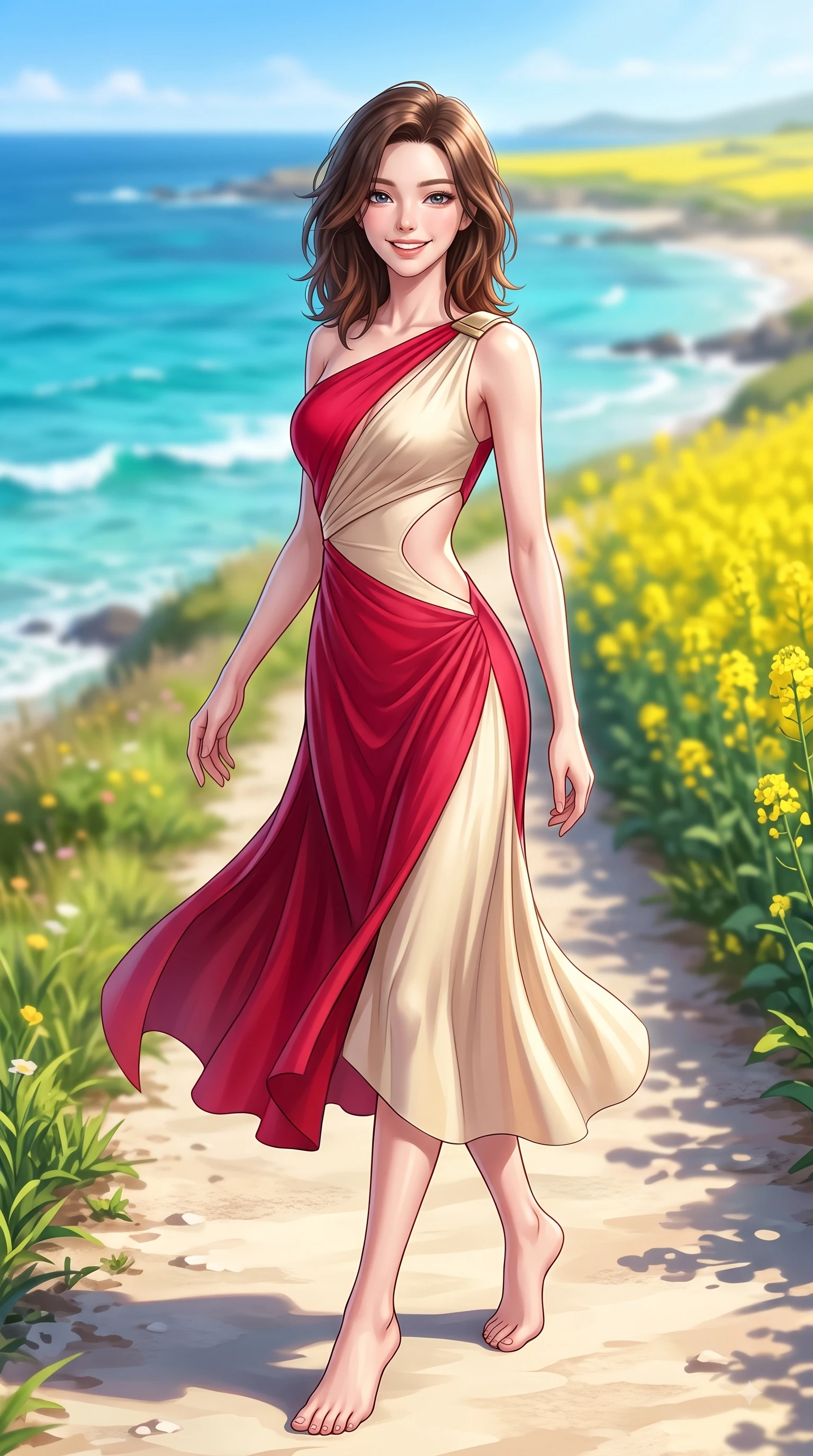 score_9, masterpiece, best quality, ultra-detailed, high-budget anime keyframe, editorial fashion photography, tasteful artistic composition, Korean woman. low angle full-body shot from head to toe showing her feet, filling the entire 9:16 vertical frame with her statuesque presence, stretching her vertical silhouette. pivoting dynamically with a fresh infectious smile, her ultra-slim waist creating a sweeping fluid curve while strolling along a sun-drenched island path with the sparkling sea stretching into the distance. The composition keeps background elements in soft focus with dreamy bokeh. crystal-clear turquoise sea waves and yellow canola fields blurred into dreamy ocean bokeh. She has an absolutely perfect, statuesque 8.5-heads proportion, an exceptionally tall and slender model-like female figure with impossibly long slender legs and an ultra-slim waist. sharp v-shaped jawline, high-bridge nose, intricate jewel-like eyes with depth, thick eyelashes, glossy lips with a natural sheen, flawlessly proportioned anatomical accuracy, natural body alignment, perfectly sculpted elegant limbs, clean dynamic posture without body distortion. wearing an asymmetrical draped chiffon midi dress with a sleek shoulder accent in vivid crimson red and champagne cream, made of premium stretch jersey that follows her curves like a glove, complemented by clean architectural cutouts along her slender torso, the sleek second-skin texture accentuating her magnetic presence. surrounded by a fresh, sun-drenched, and relaxing vacation atmosphere. highly saturated vibrant anime colors, detailed shading with soft gradients, rich glossy textures, high-contrast stereoscopic depth, volumetric dynamic lighting, master piece, 9:16 ratio