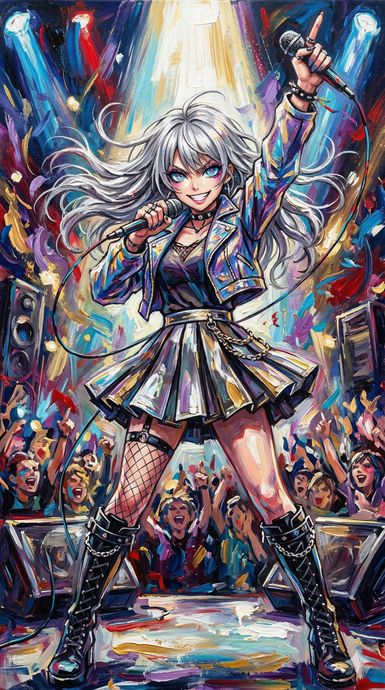 A portrait of a female idol with long multi-colored black hair and striking eye color, wearing an elegant Gen-Z Japan-Korea fusion outfit with metallic accents and a layered silhouette. The style is a blend of post-impressionism and expressionism, with a golden ratio composition and dramatic brush textures. 4k, ultra detail, master piece, 9:16 ratio