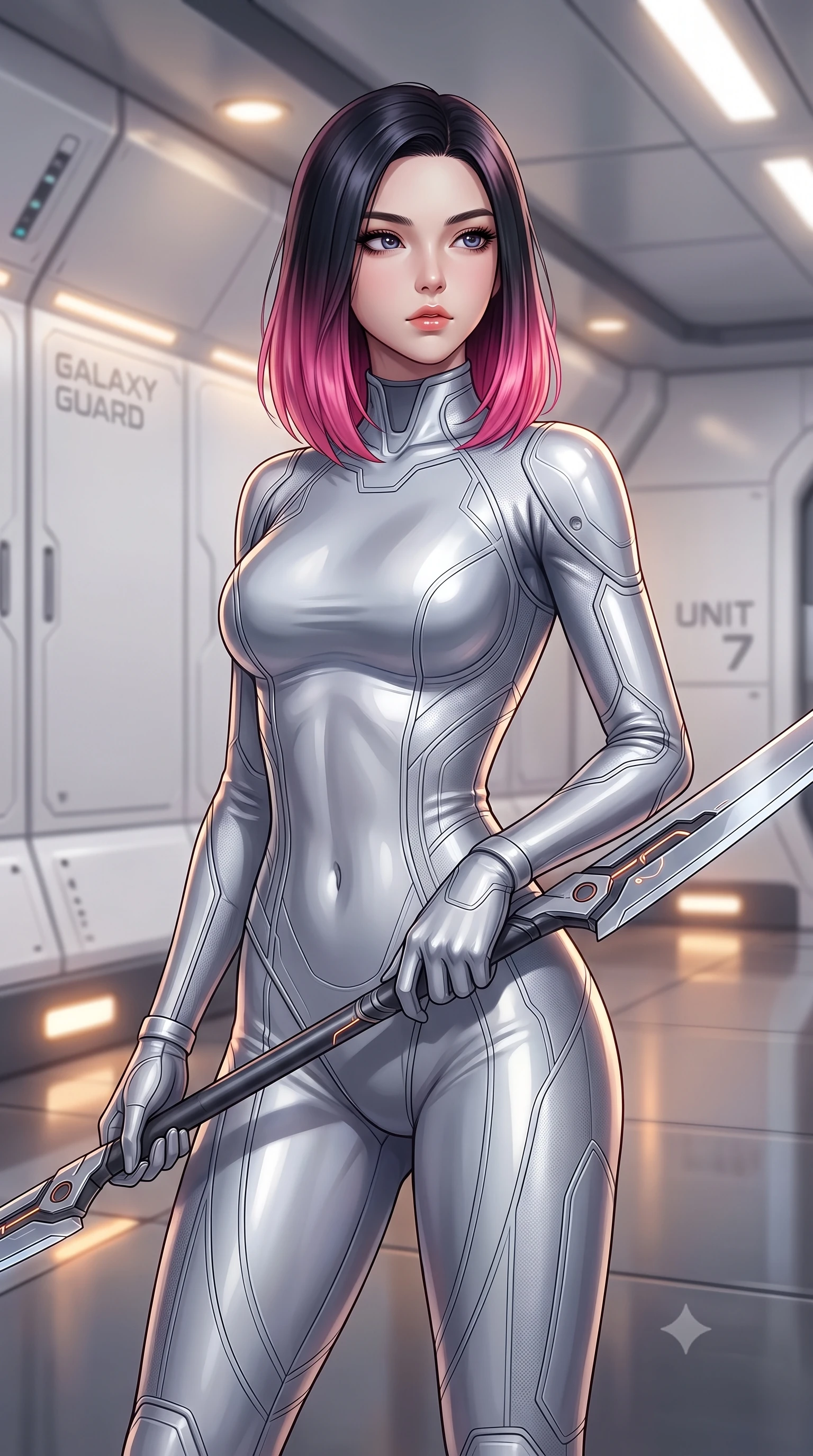 score_9, masterpiece, best quality, ultra-detailed, high-budget anime keyframe, editorial fashion photography, tasteful artistic composition, Korean woman. close-up cowboy shot from the waist and thighs up, the character dominates the composition, filling the frame with her large presence, background elements kept in soft focus. holding a deactivated nanotech glaive, looking past the camera with quiet, sharp focus and a composed expression, the background shows a soft-focus a starship corridor with sleek white composite panels and gravity indicators. She has an exceptionally elegant, slender, and willowy female figure with an ultra-slim waist, a gracefully sculpted slender torso, and a refined silhouette. sharp v-shaped jawline, high-bridge nose, intricate jewel-like eyes with depth, thick eyelashes, glossy lips with a natural sheen. wearing a tailored form-contouring liquid silver space flight under-suit, contouring her athletic, slender build. recessed ambient warm lights reflecting off the polished floor surfaces. highly saturated vibrant anime colors, detailed shading with soft gradients, rich glossy textures, high-contrast stereoscopic depth, volumetric dynamic lighting, master piece, 9:16 ratio