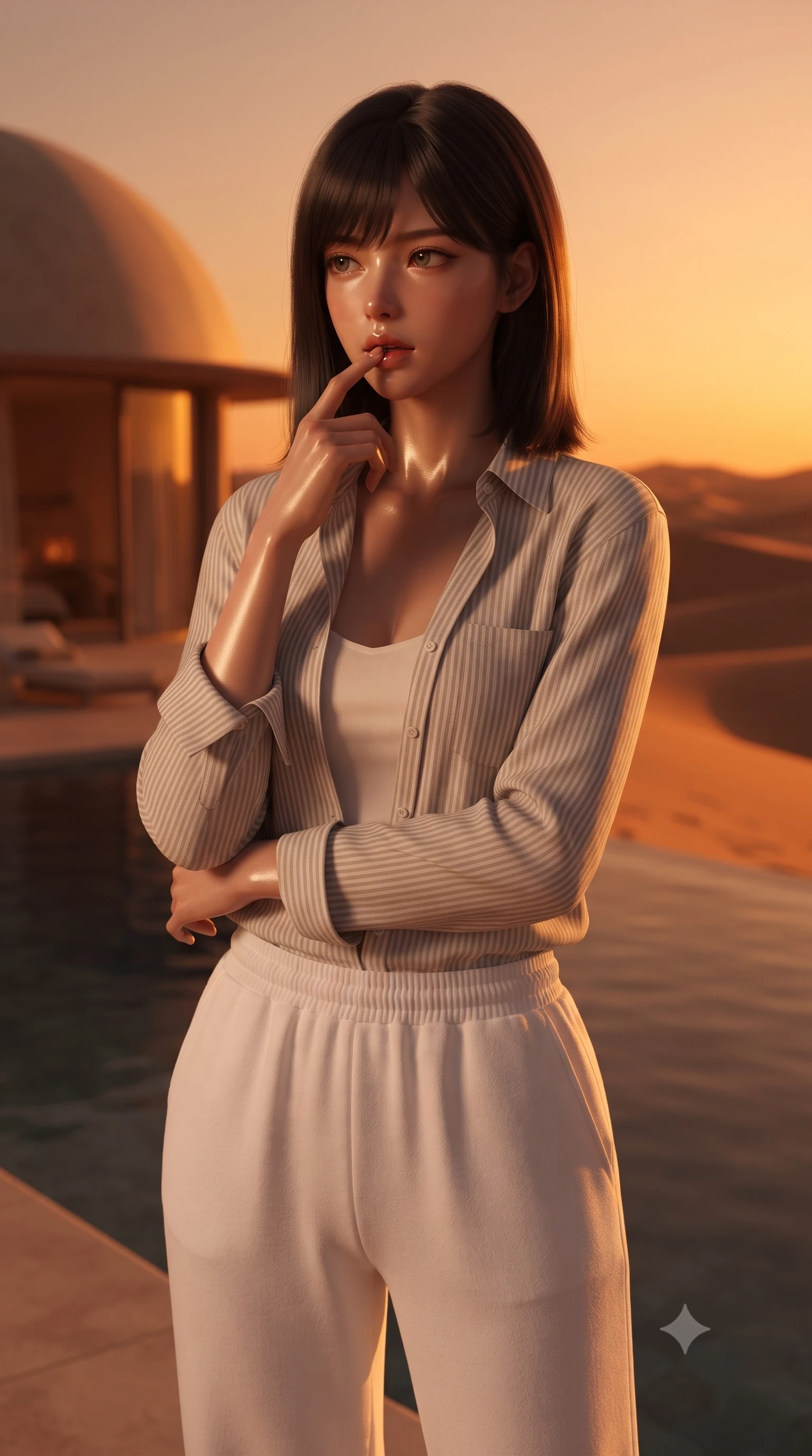score_9, masterpiece, best quality, ultra-detailed, high-budget anime keyframe, editorial fashion photography, tasteful artistic composition, Korean woman. close-up cowboy shot from the waist and thighs up, the character dominates the composition, filling the frame with her large presence, background elements kept in soft focus. pressing one finger to her bottom lip in a thoughtful, seductive gesture under the warm sun the background shows a soft-focus an outdoor infinity pool of a luxury desert dome villa overlooking sand dunes. She has an exceptionally elegant, slender, and willowy female figure with an ultra-slim waist, a gracefully sculpted slender torso, and a refined silhouette. sharp v-shaped jawline, high-bridge nose, intricate jewel-like eyes with depth, thick eyelashes, glossy lips with a natural sheen. wearing a tailored soft striped linen button-down shirt and relaxed-fit white cotton lounge pants. the dramatic orange glow of a desert sunset casting long shadows of the dome. ultra-reflective glossy finish, specular highlights, metallic sheen, high-contrast stereoscopic depth, volumetric dynamic lighting, 2k, ultra detail, master piece, 9:16 ratio