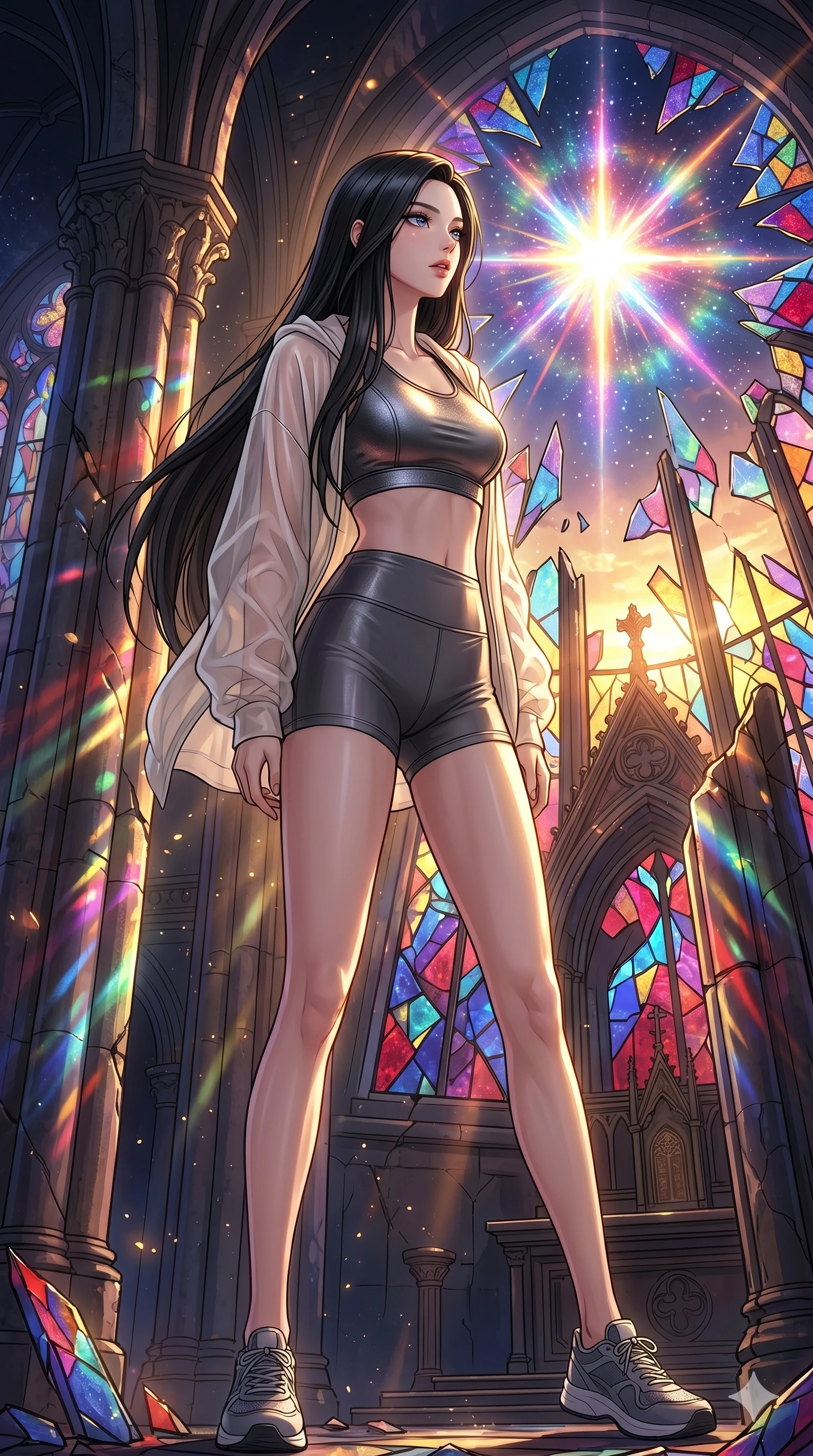 score_9, masterpiece, best quality, ultra-detailed, high-budget anime movie keyframe, cinematic anime lighting, intricate line art, Korean woman. Low angle cowboy shot filling the entire 9:16 frame with her statuesque presence. observing a supernova in a shattered stained glass cathedral during a golden sunset. She has an absolutely perfect 8-heads proportion, an exceptionally tall and slender female figure with an ultra-slim waist and impossibly long slender legs. sharp v-shaped jawline, high-bridge nose, intricate jewel-like eyes, thick eyelashes, glossy lips. Wearing premium athleisure set with a metallic-finish compression top, high-cut yoga shorts that accentuate her long legs, and a sheer oversized hoodie. The scene is illuminated by dramatic atmospheric lighting and vibrant color palettes. , 2k, ultra detail, master piece, 9:16 ratio