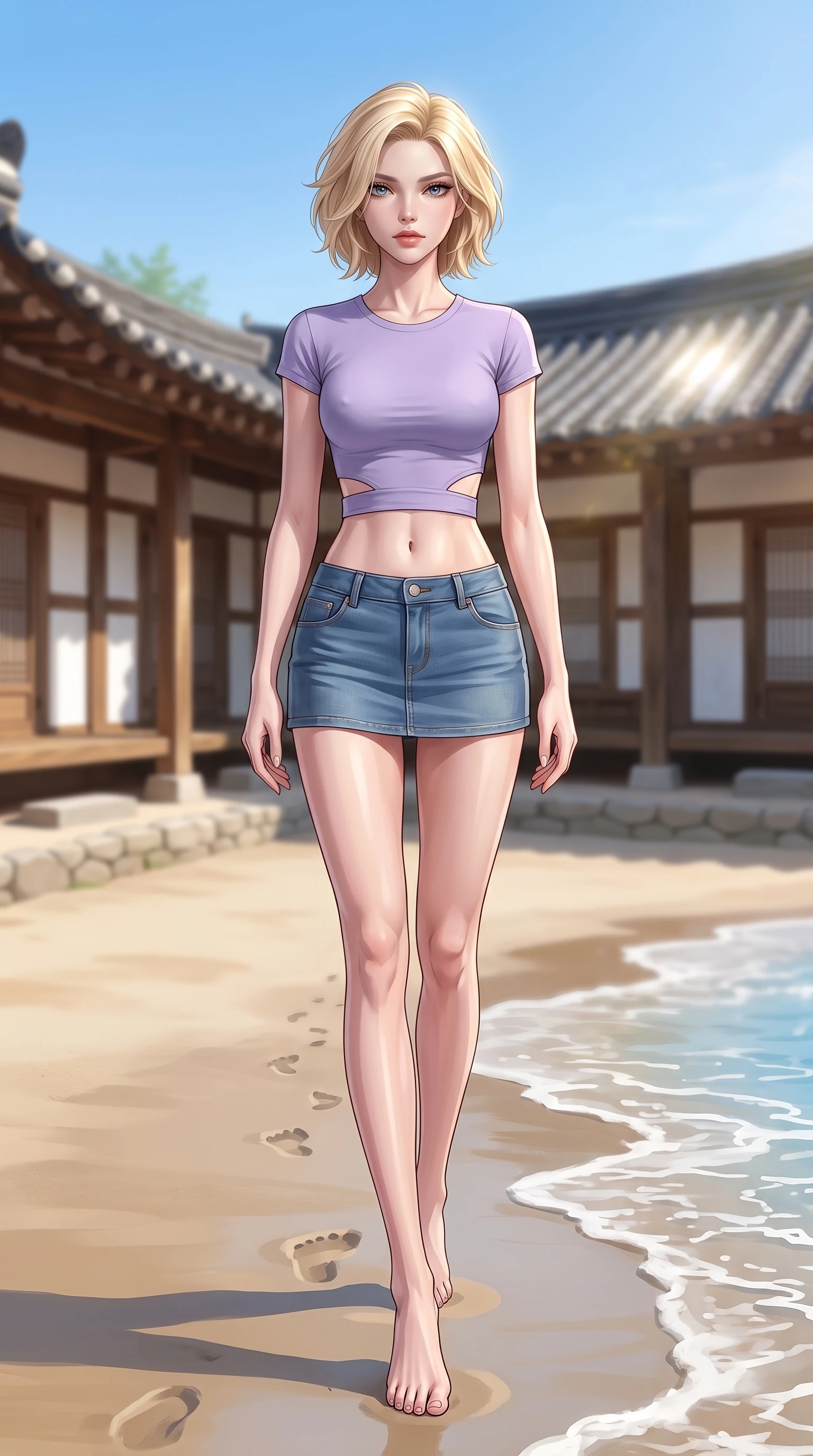 score_9, masterpiece, best quality, ultra-detailed, high-budget anime keyframe, editorial fashion photography, tasteful artistic composition, Caucasian woman woman. low angle full-body shot from head to toe showing her feet, filling the entire 9:16 vertical frame with her statuesque presence, stretching her vertical silhouette. walking slowly along the shoreline, leaving footprints in the wet sand the background shows a soft-focus a quiet clay-and-stone courtyard of a traditional Korean hanok house under a blue sky. She has an absolutely perfect, statuesque 8.5-heads proportion, an exceptionally tall and slender model-like female figure with impossibly long slender legs and an ultra-slim waist. sharp v-shaped jawline, high-bridge nose, intricate jewel-like eyes with depth, thick eyelashes, glossy lips with a natural sheen. wearing a form-contouring modern crop top in lavender cotton paired with a low-rise denim skirt and a subtle waist cut-out. bright afternoon sunlight reflecting off the tiled roof and wooden pillars. 2k, ultra detail, master piece, 9:16 ratio