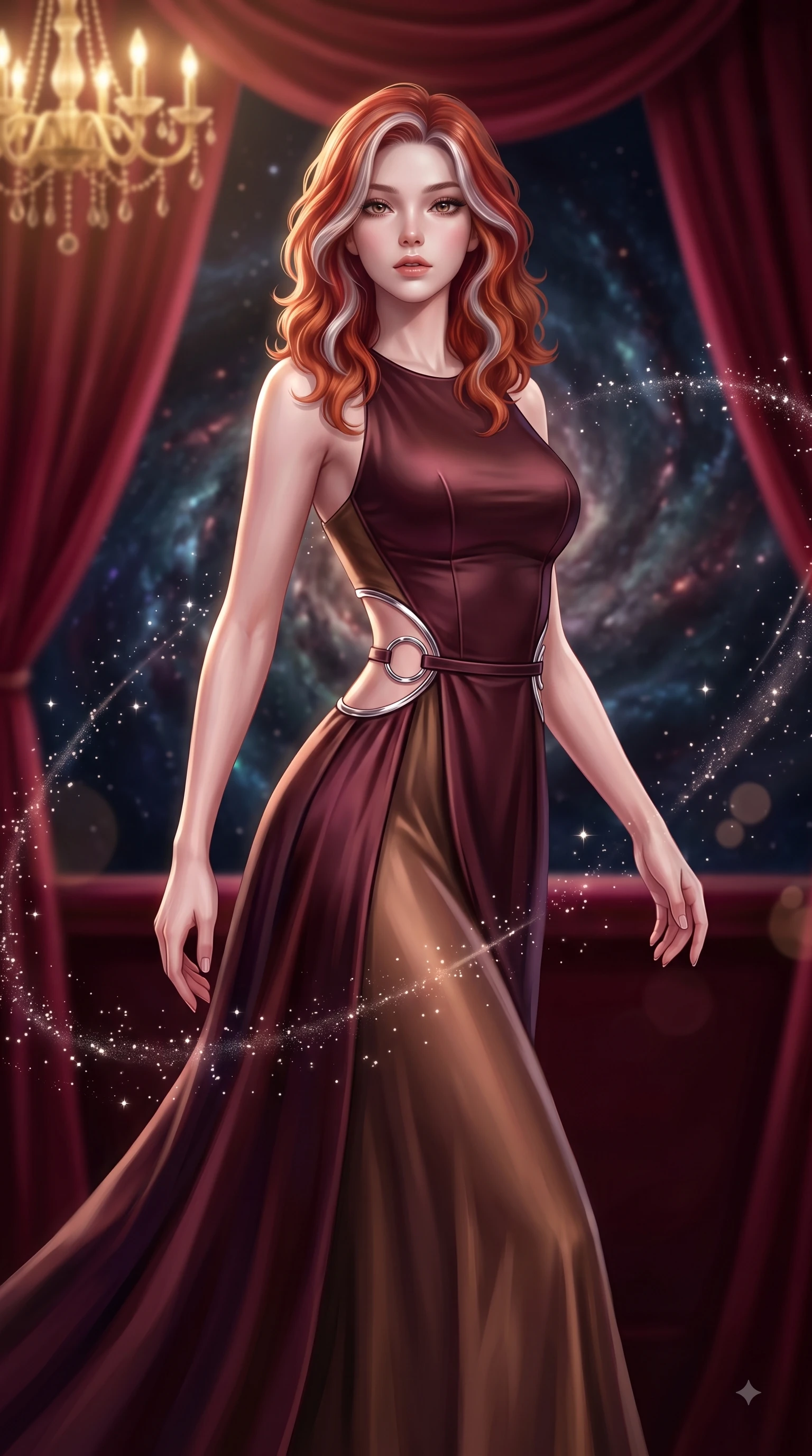 score_9, masterpiece, best quality, ultra-detailed, high-budget anime keyframe, editorial fashion photography, tasteful artistic composition, Caucasian woman. close-up cowboy shot from the waist and thighs up, the character dominates the composition, filling the frame with her large presence, background elements kept in soft focus. Gazing past the lens with smoldering intensity as her torso curves dynamically in mid-stride while sitting in a private opera box draped in crimson velvet, gazing over a swirling cosmic nebula, floating starlight dust drifting around her in dynamic orbital paths. She has an exceptionally elegant, slender, and willowy female figure with an ultra-slim waist, a gracefully sculpted slender torso, and a refined silhouette. sharp v-shaped jawline, high-bridge nose, intricate jewel-like eyes with depth, thick eyelashes, glossy lips with a natural sheen, flawlessly proportioned anatomical accuracy, natural body alignment, perfectly sculpted elegant limbs, clean dynamic posture without body distortion. wearing a modern fusion silk hanbok dress with a structured bodice and flowing skirt in deep burgundy and bronze, crafted from smooth liquid silk, accented with delicate chrome ring hardware framing her waist, the glove-like fit emphasizing her statuesque silhouette during motion. illuminated by radiant cosmic nebula light and warm golden chandelier glow. ultra-reflective glossy finish, specular highlights, metallic sheen, high-contrast stereoscopic depth, volumetric dynamic lighting, 2k, ultra detail, master piece, 9:16 ratio