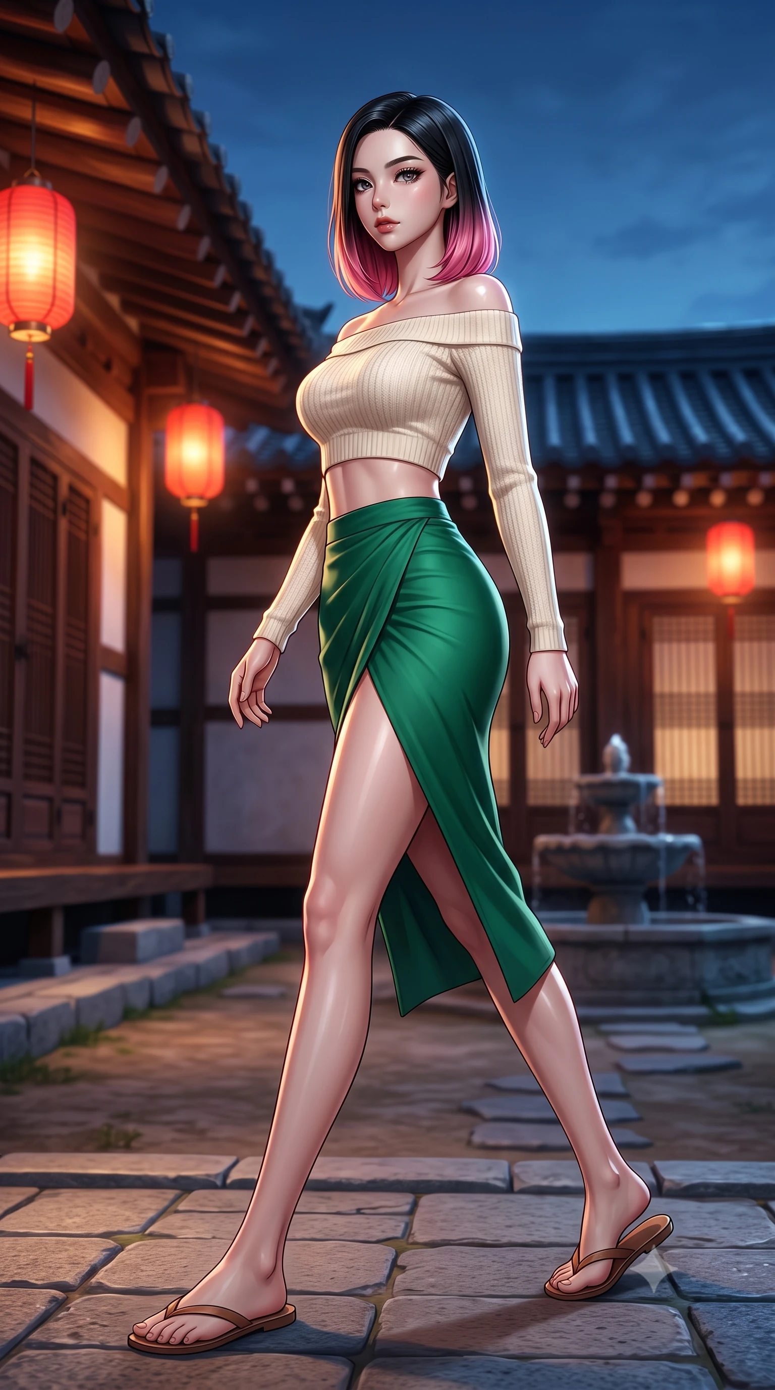 score_9, masterpiece, best quality, ultra-detailed, high-budget anime keyframe, editorial fashion photography, tasteful artistic composition, Korean woman. low angle full-body shot from head to toe showing her feet, filling the entire 9:16 vertical frame with her statuesque presence, stretching her vertical silhouette. stepping gracefully while looking back over her shoulder, her dress draped tightly to reveal her silhouette the background shows a soft-focus a traditional inn courtyard with hanging red lanterns and a stone fountain. She has an absolutely perfect, statuesque 8.5-heads proportion, an exceptionally tall and slender model-like female figure with impossibly long slender legs and an ultra-slim waist. sharp v-shaped jawline, high-bridge nose, intricate jewel-like eyes with depth, thick eyelashes, glossy lips with a natural sheen. wearing a body-hugging cropped off-shoulder knit top in cream paired with a high-slit wrap skirt in emerald green. warm amber lantern light contrasting with the cool blue midnight sky. ultra-reflective glossy finish, specular highlights, metallic sheen, high-contrast stereoscopic depth, volumetric dynamic lighting, 2k, ultra detail, master piece, 9:16 ratio