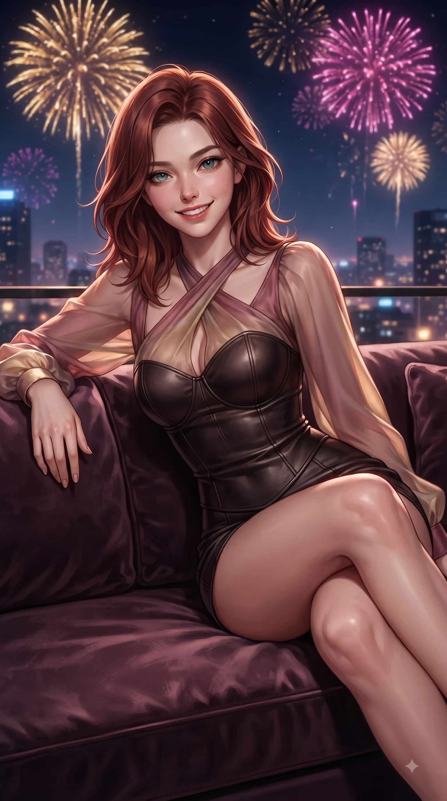 score_9, masterpiece, best quality, ultra-detailed, high-budget anime keyframe, editorial fashion photography, tasteful artistic composition, Korean woman. close-up cowboy shot from the waist and thighs up, the character dominates the composition, filling the frame with her large presence, background elements kept in soft focus. Gazing directly into the camera with a joyful, infectious smile as her torso curves dynamically in mid-stride while resting happily against a plush lounge sofa as golden fireworks burst in the night sky, spectacular golden and magenta fireworks bursting in the background night skyline. She has an exceptionally elegant, slender, and willowy female figure with an ultra-slim waist, a gracefully sculpted slender torso, and a refined silhouette. sharp v-shaped jawline, high-bridge nose, intricate jewel-like eyes with depth, thick eyelashes, glossy lips with a natural sheen, flawlessly proportioned anatomical accuracy, natural body alignment, perfectly sculpted elegant limbs, clean dynamic posture without body distortion. wearing a tailored leather bustier over a sheer silk chiffon blouse in dusty rose and champagne gold, made of premium stretch velvet with a rich sheen, complemented by criss-cross back straps highlighting her bare shoulders, the tailored fabric tightly following every curve of her athletic build. surrounded by an electric, joyful party atmosphere with high specular shine. ultra-reflective glossy finish, specular highlights, metallic sheen, high-contrast stereoscopic depth, volumetric dynamic lighting, 2k, ultra detail, master piece, 9:16 ratio