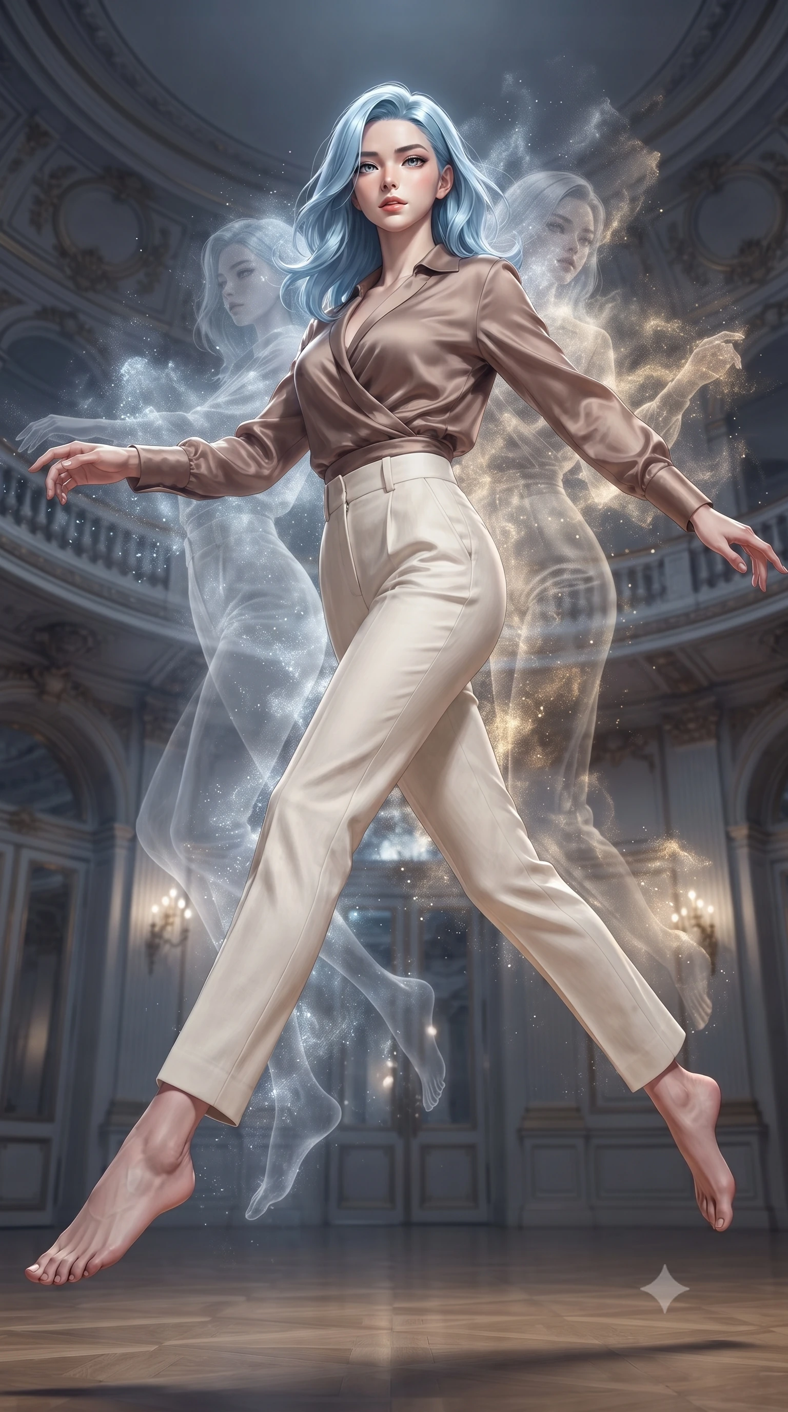 score_9, masterpiece, best quality, ultra-detailed, high-budget anime keyframe, editorial fashion photography, tasteful artistic composition, Korean woman. low angle full-body shot from head to toe showing her feet, filling the entire 9:16 vertical frame with her statuesque presence, stretching her vertical silhouette. leaping gracefully through a grand ballroom where quantum particles appear and disappear in probability clouds ghostly translucent waltz partners materializing and dissolving with each observation wave functions collapsing into brief moments of beauty. She has a statuesque 8.5-heads proportion, an exceptionally tall, slender and willowy model-like build with impossibly long legs and a highly sculpted ultra-slim waist. sharp v-shaped jawline, high-bridge nose, intricate jewel-like eyes with depth, thick eyelashes, glossy lips with a natural sheen. wearing a wrap-style silk blouse in a warm mocha shade, tucked into high-waisted ivory linen trousers. shifting uncertain light that flickers between existence and non-existence with particle-wave duality creating ghostly double-exposed illumination in cool silver and warm gold. 2k, ultra detail, master piece, 9:16 ratio