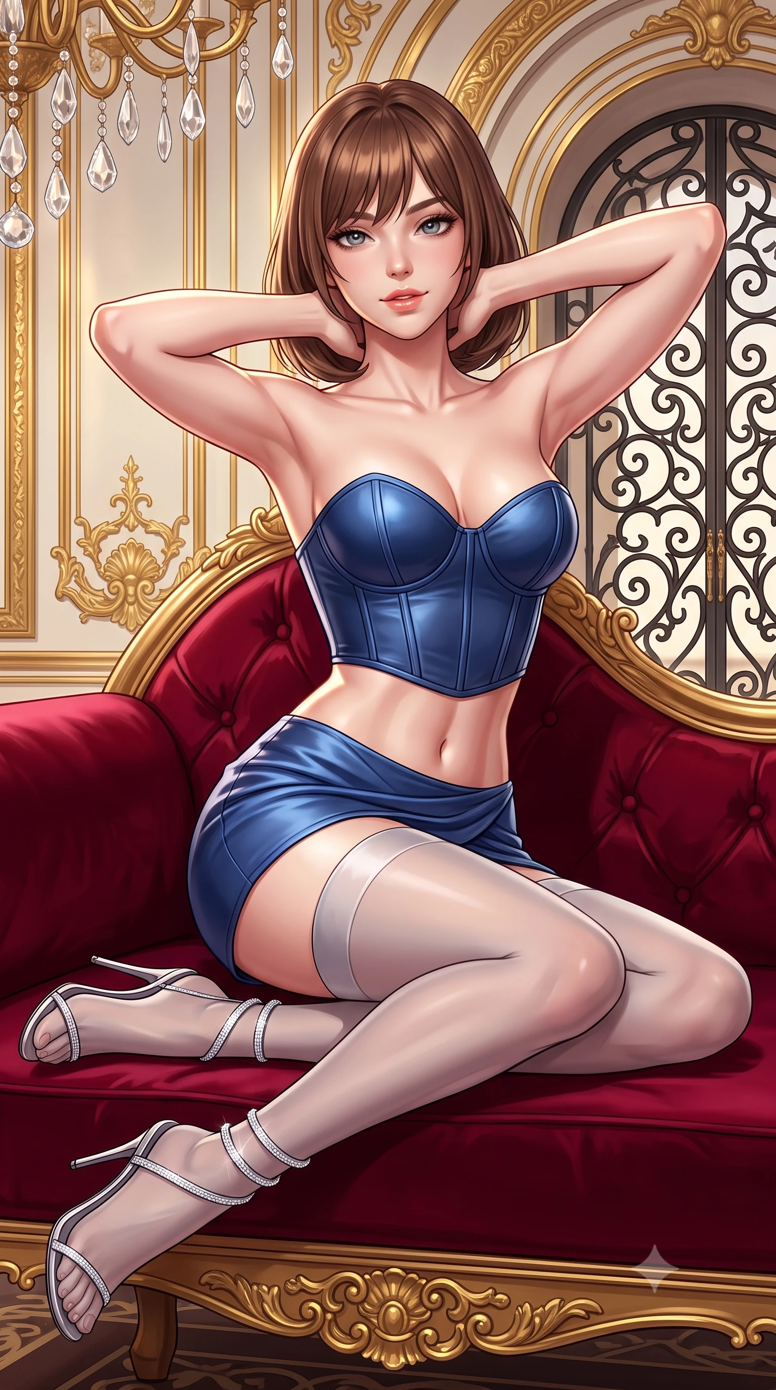 score_9, masterpiece, best quality, ultra-detailed, high-budget anime keyframe, semi-realistic 3D game render, editorial fashion photography, tasteful artistic composition, Caucasian woman. close-up cowboy shot from the waist and thighs up, the character dominates the composition, filling the frame with her large presence. resting both hands lightly behind her neck with elbows raised, arching her spine to highlight her narrow waist, flat midriff, and breathtaking collarbones while lounging gracefully on the crimson velvet settee propped on one elbow, her statuesque 8.5-heads silhouette commanding the imperial palace. The surrounding environment is rendered in vivid detail and crisp panoramic clarity: sharp 24-karat gold leaf carvings on moldings, faceted crystal chandelier drops, and wrought-iron scrollwork in deep focus. She has an exceptionally elegant, slender, and willowy female figure with an ultra-slim waist, flat toned midriff, narrow ribcage, and sculpted feminine hips creating an alluring, slim hourglass silhouette without bulk. sharp v-shaped jawline, high-bridge nose, sparkling eyes with hypnotic seductive depth, thick curled eyelashes, glossy parted lips with a natural dewy peach sheen, alluring bedroom-eyes with an enchanting coquettish smile, exuding magnetic siren charisma and sophisticated glamour, flawlessly proportioned anatomical accuracy, strict slender model proportions, natural body alignment, perfectly sculpted long slender limbs, ultra-slim waistline, clean dynamic posture without body distortion. wearing a structured boned leatherette corset bodice paired with an ultra-short micro-wrap mini skirt and sheer thigh-high stockings in Monte Carlo sapphire and liquid platinum, woven from buttery-soft stretch lambskin leather adhering to her body like a second skin, complemented by strappy stiletto sandals with crystal ankle wraps accentuating her slender calves, the second-skin tailored fabric adhering flawlessly to her sculpted flat midriff and slender torso, emphasizing her long leg lines and perfectly proportioned willowy build. illuminated by gilded surface bounce and sharp platinum-gold rim lights sculpting her jawline, flat midriff, and voluptuous hip curves. highly saturated vibrant anime colors, detailed shading with soft gradients, rich glossy textures, high-contrast stereoscopic depth, volumetric dynamic lighting, master piece, 9:16 ratio