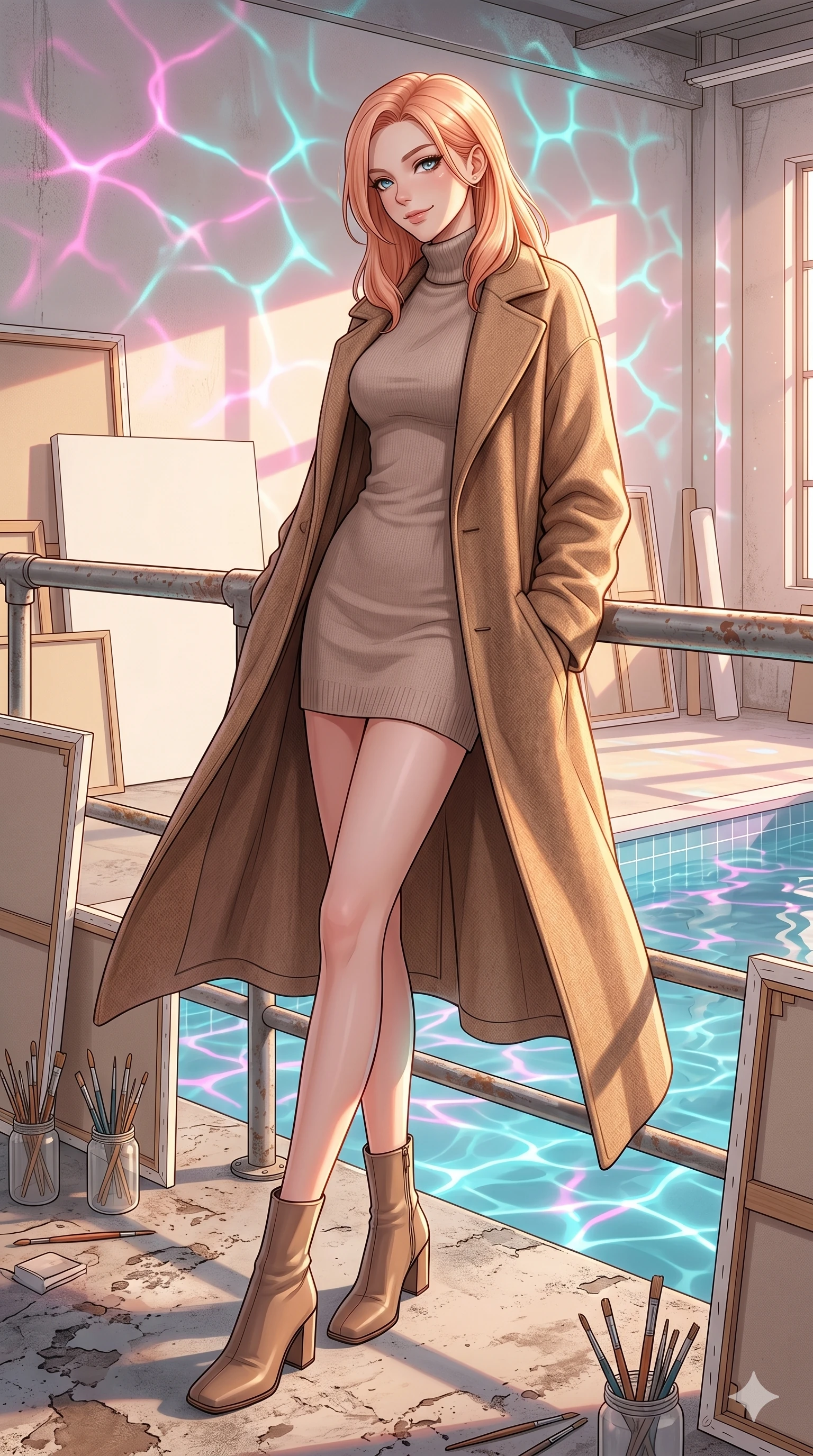 score_9, masterpiece, best quality, ultra-detailed, high-budget anime keyframe, editorial fashion photography, tasteful artistic composition, Japanese woman. low angle full-body shot from head to toe showing her feet, filling the entire 9:16 vertical frame with her statuesque presence, stretching her vertical silhouette. leaning against the metal railing, looking over her shoulder with a magnetic, teasing half-smile in a quiet, sunlit art studio filled with blank canvases and brushes (Code-P18-052). She has an absolutely perfect 8-heads proportion, an exceptionally tall and slender female figure with impossibly long slender legs and an ultra-slim waist. V-shaped jawline, high-bridge nose, intricate jewel-like eyes with depth, thick eyelashes, glossy lips with a natural sheen. wearing a cozy high-neck turtleneck dress under a wool coat. neon pink and cyan reflections from the pool water casting shimmering light patterns. 2k, ultra detail, master piece, 9:16 ratio