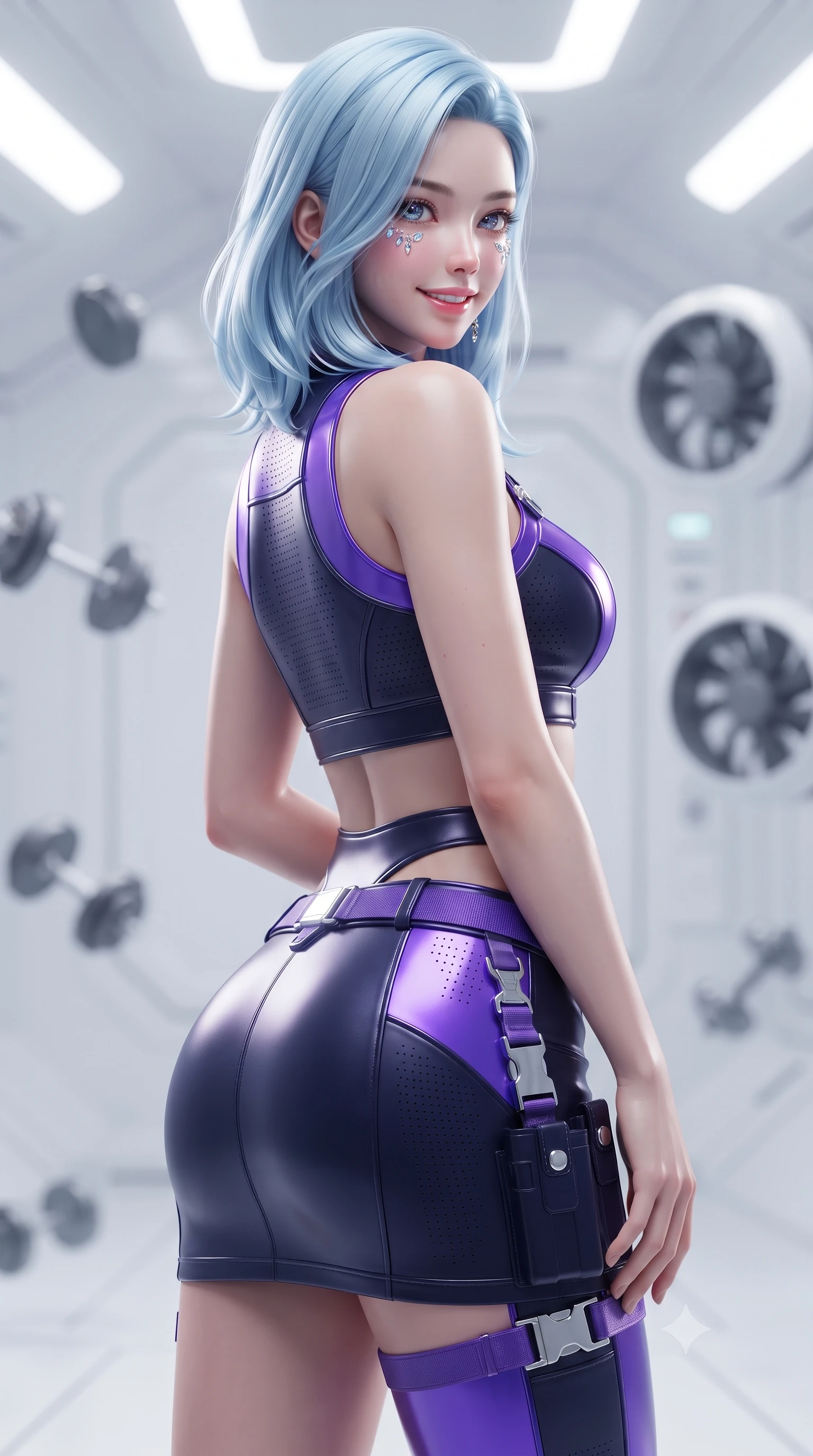 score_9, masterpiece, best quality, ultra-detailed, high-budget anime keyframe, editorial fashion photography, tasteful artistic composition, Korean woman. close-up cowboy shot from the waist and thighs up, the character dominates the composition, filling the frame with her large presence. posing in an alluring rear three-quarter angle, turning over a bare shoulder with an intoxicating gaze, her hips cocked back to highlight her slim hourglass curve against the glowing reactor while posing in an alluring mid-air contrapposto twist with hips cocked back, looking toward the viewer with an intoxicating, playful smile. The background shows a soft-focus floating magnetic fitness weights and aerodynamic air resistance fans softened in space-fitness shallow focus. She has an exceptionally elegant, slender, and willowy female figure with an ultra-slim waist, flat toned midriff, narrow ribcage, and sculpted feminine hips creating an alluring, slim hourglass silhouette without bulk. sharp v-shaped jawline, high-bridge nose, intricate jewel-like sparkling eyes with depth, thick eyelashes, glossy parted lips with a natural sheen, bright confident smile with an enchanting and coquettish sensual glint, exuding both youthful magnetic charm and sovereign high-tech allure, flawlessly proportioned anatomical accuracy, strict slender model proportions, natural body alignment, perfectly sculpted long slender limbs, ultra-slim waistline, clean dynamic posture without body distortion. wearing a body-hugging modern carbon-alloy crop top paired with a low-rise tactical skirt and a subtle waist cut-out in neon electric violet and deep space obsidian, made of high-grade ballistic nylon with precision laser-cut perforations, finished with polished chrome buckle hardware and modular magnetic holster clasps, the liquid-tight tailored fabric clinging flawlessly to her narrow waist and rounded feminine hips, emphasizing every millimeter of her sculpted slim hourglass curves without any bulky heaviness. bathed in bright, clean white space-station illumination and fresh Earth-shine ambient bounce. ultra-reflective glossy finish, specular highlights, rich textural contrasts, high-contrast stereoscopic depth, volumetric dynamic lighting, 2k, ultra detail, master piece, 9:16 ratio