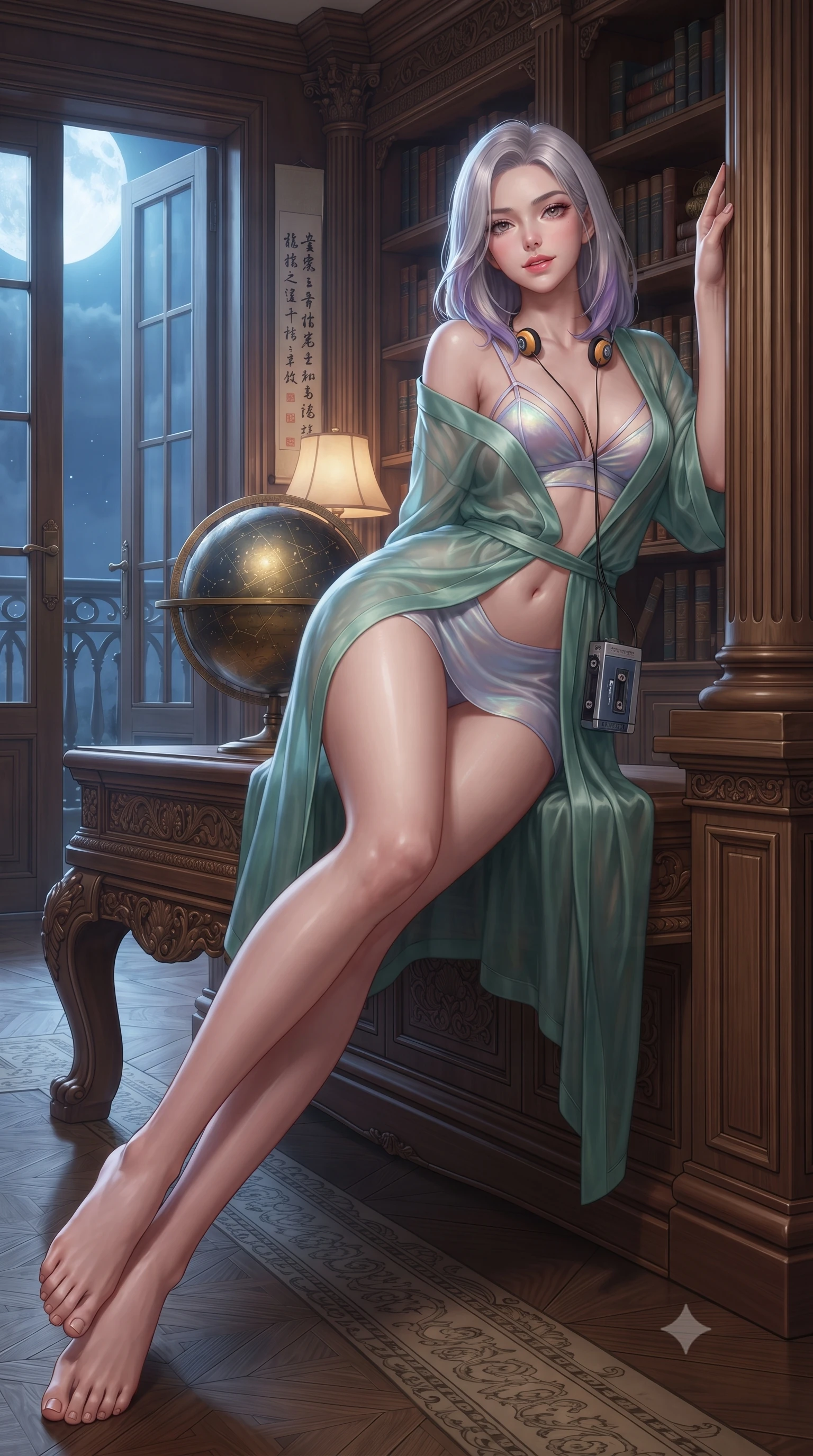 score_9, masterpiece, best quality, ultra-detailed, high-budget anime keyframe, editorial fashion photography, tasteful artistic composition, Caucasian woman. low angle full-body shot from head to toe showing her feet, filling the entire 9:16 vertical frame with her statuesque presence, stretching her vertical silhouette. standing tall beside the architectural column, one hand resting high while arching her lower back to emphasize her sculpted feminine hips and slender waist while reclining on a carved wooden library bench propped on one elbow, her flat midriff and long slender legs highlighted by moonlight. The surrounding environment is rendered in vivid detail and crisp panoramic clarity: sharp carved teak wood grain, brass globe constellation markings, and delicate rice paper scroll calligraphy in deep focus. She has an absolutely perfect, statuesque 8.5-heads proportion, an exceptionally tall and slender model-like female figure with impossibly long slender legs, an ultra-slim waist, a flat toned midriff, narrow delicate ribcage, and beautifully sculpted feminine hips creating a graceful, slim hourglass silhouette without any bulky heaviness. sharp v-shaped jawline, high-bridge nose, sparkling eyes with hypnotic seductive depth, thick curled eyelashes, glossy parted lips with a natural dewy peach sheen, alluring bedroom-eyes with an enchanting coquettish smile, exuding magnetic siren charisma and sophisticated glamour, flawlessly proportioned anatomical accuracy, strict slender model proportions, natural body alignment, perfectly sculpted long slender limbs, ultra-slim waistline, clean dynamic posture without body distortion. wearing a delicate semi-sheer jade silk boudoir robe worn loose and slipping off bare shoulders over a matching strappy bralette in iridescent mother-of-pearl and misty lavender, crafted from fluid liquid silk satin that clings smoothly to every curve with a dewy sheen, complemented by a retro cassette walkman with vintage foam-padded orange headphones, the liquid-tight tailored fabric clinging flawlessly to her narrow waist and rounded feminine hips, emphasizing every millimeter of her sculpted slim hourglass curves without any bulky heaviness. bathed in cool moonlight streaming through open balcony doors mixed with warm incandescent reading lamp glow. ultra-reflective glossy finish, specular highlights, rich textural contrasts, high-contrast stereoscopic depth, volumetric dynamic lighting, 2k, ultra detail, master piece, 9:16 ratio