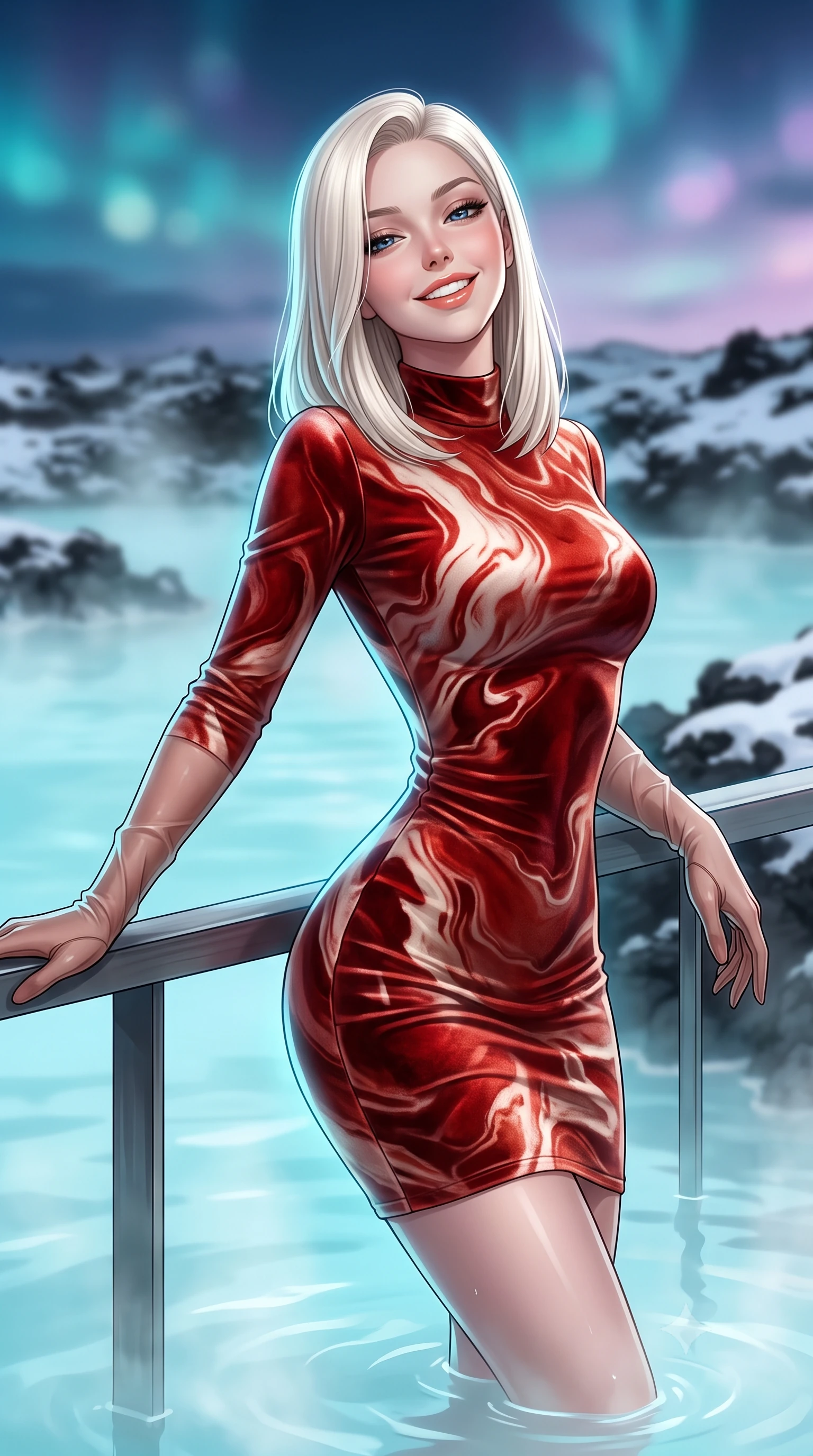 score_9, masterpiece, best quality, ultra-detailed, high-budget anime keyframe, editorial fashion photography, tasteful artistic composition, Caucasian woman. close-up cowboy shot from the waist and thighs up, the character dominates the composition, filling the frame with her large presence. leaning back against the balustrade with relaxed seductive grace, head tilted back slightly while casting a hypnotic, heavy-lidded gaze while standing poised on the heated black basalt terrace stepping directly into the steaming milky-cyan mineral waters, arching her spine with wet-look siren grace. The background shows a soft-focus steaming milky-cyan geothermal lagoon waters, snow-dusted black lava fields, and midnight twilight skies blurred into turquoise, obsidian, and pastel lilac bokeh. She has an exceptionally elegant, slender, and willowy female figure with an ultra-slim waist, flat toned midriff, narrow ribcage, and sculpted feminine hips creating an alluring, slim hourglass silhouette without bulk. sharp v-shaped jawline, high-bridge nose, intricate jewel-like sparkling eyes with depth, thick eyelashes, glossy parted lips with a natural peach sheen, bright cheerful beaming smile with an enchanting and coquettish sensual glint, exuding both youthful cute charm and seductive allure, flawlessly proportioned anatomical accuracy, strict slender model proportions, natural body alignment, perfectly sculpted long slender limbs, ultra-slim waistline, clean dynamic posture without body distortion. wearing a tailored velvet bodycon cocktail dress with long fitted sleeves and mock neck in Cordoba vermilion red and ivory alabaster marble, crafted from bespoke double-faced cashmere with an exceptionally soft tactile finish, complemented by sheer opera-length evening gloves tracing her slender arms, the bespoke structured tailoring following the natural line of her 8.5-heads silhouette with refined elegance. illuminated by milky water surface specular bounce and sharp platinum-cyan rim lights sculpting her jawline, narrow waist, and curvy hips. ultra-reflective glossy finish, specular highlights, rich textural contrasts, high-contrast stereoscopic depth, volumetric dynamic lighting, 2k, ultra detail, master piece, 9:16 ratio