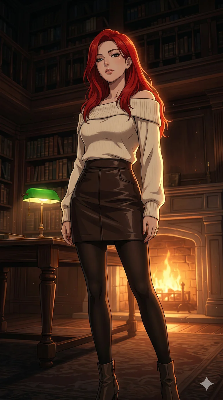 score_9, masterpiece, best quality, ultra-detailed, semi-realistic high-budget anime keyframe, an incredibly beautiful Japanese woman. Low angle cowboy shot filling the frame. She has an absolutely perfect 8-heads proportion, an exceptionally tall female figure with a slim-fit toned body. Her face is a highly detailed masterpiece featuring a v-shaped jawline, high-bridge nose, intricate jewel-like eyes, thick eyelashes, and glossy lips. She has vibrant red flowing hair. She is wearing a seductive off-shoulder cashmere sweater and a tight leather mini skirt, highlighting her alluring silhouette. Expensive private library, warm fireplace light, dramatic rim lighting, cinematic shadows, 2k, ultra detail, master piece, 9:16 ratio