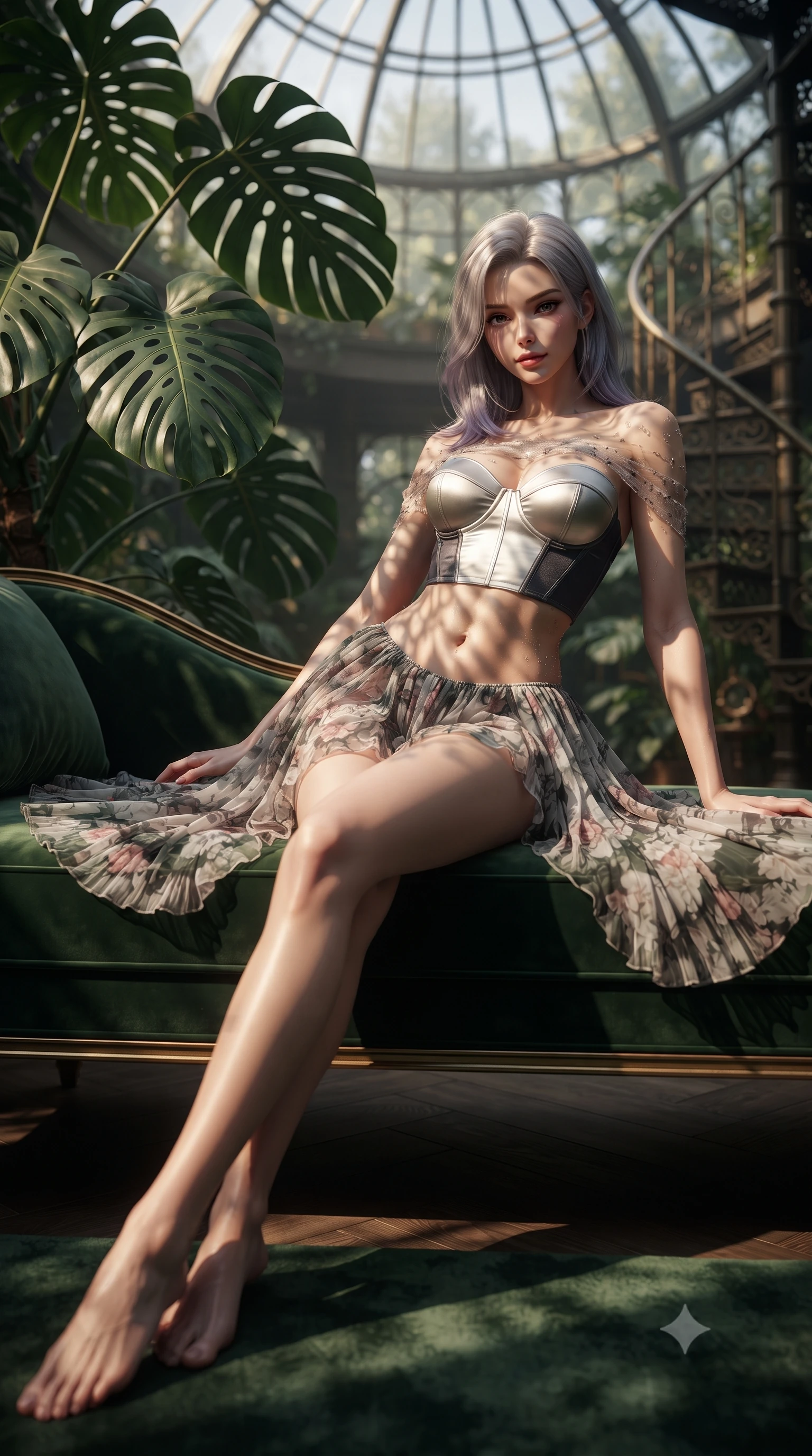 score_9, masterpiece, best quality, ultra-detailed, high-budget anime keyframe, editorial fashion photography, tasteful artistic composition, Caucasian woman. low angle full-body shot from head to toe showing her feet, filling the entire 9:16 vertical frame with her statuesque presence, stretching her vertical silhouette. lounging on the lavish daybed with legs crossed and hips angled toward the camera, displaying her toned midriff and long slender limbs with effortless siren poise while twisting her slender torso in an alluring contrapposto stance, dramatic leaf-shadow patterns dancing across her narrow waist and hips. The background shows a soft-focus monumental perforated monstera deliciosa leaves, spiraling iron stair steps, and glass dome above blurred into deep jungle green, cream, and gold bokeh. She has an absolutely perfect, statuesque 8.5-heads proportion, an exceptionally tall and slender model-like female figure with impossibly long slender legs, an ultra-slim waist, a flat toned midriff, narrow delicate ribcage, and beautifully sculpted feminine hips creating a graceful, slim hourglass silhouette without any bulky heaviness. sharp v-shaped jawline, high-bridge nose, sparkling eyes with hypnotic seductive depth, thick curled eyelashes, glossy parted lips with a natural dewy peach sheen, alluring bedroom-eyes with an enchanting coquettish smile, exuding magnetic siren charisma and sophisticated glamour, flawlessly proportioned anatomical accuracy, strict slender model proportions, natural body alignment, perfectly sculpted long slender limbs, ultra-slim waistline, clean dynamic posture without body distortion. wearing a strapless boned satin bustier paired with an airy micro-pleated floral chiffon skirt framing her hourglass hips in molten liquid platinum and midnight charcoal with sapphire reflections, made of semi-opaque stretch illusion mesh with soft shadowy contours, complemented by glistening drops of moisture beading across her sculpted shoulders and flat midriff, the form-contouring silhouette accentuating her sculpted flat midriff, narrow delicate ribcage, and gracefully curvy hips with intoxicating allure. illuminated by leaf surface specular bounce and sharp warm-amber rim lights sculpting her jawline, flat midriff, and voluptuous hip curves. ultra-reflective glossy finish, specular highlights, rich textural contrasts, high-contrast stereoscopic depth, volumetric dynamic lighting, 2k, ultra detail, master piece, 9:16 ratio