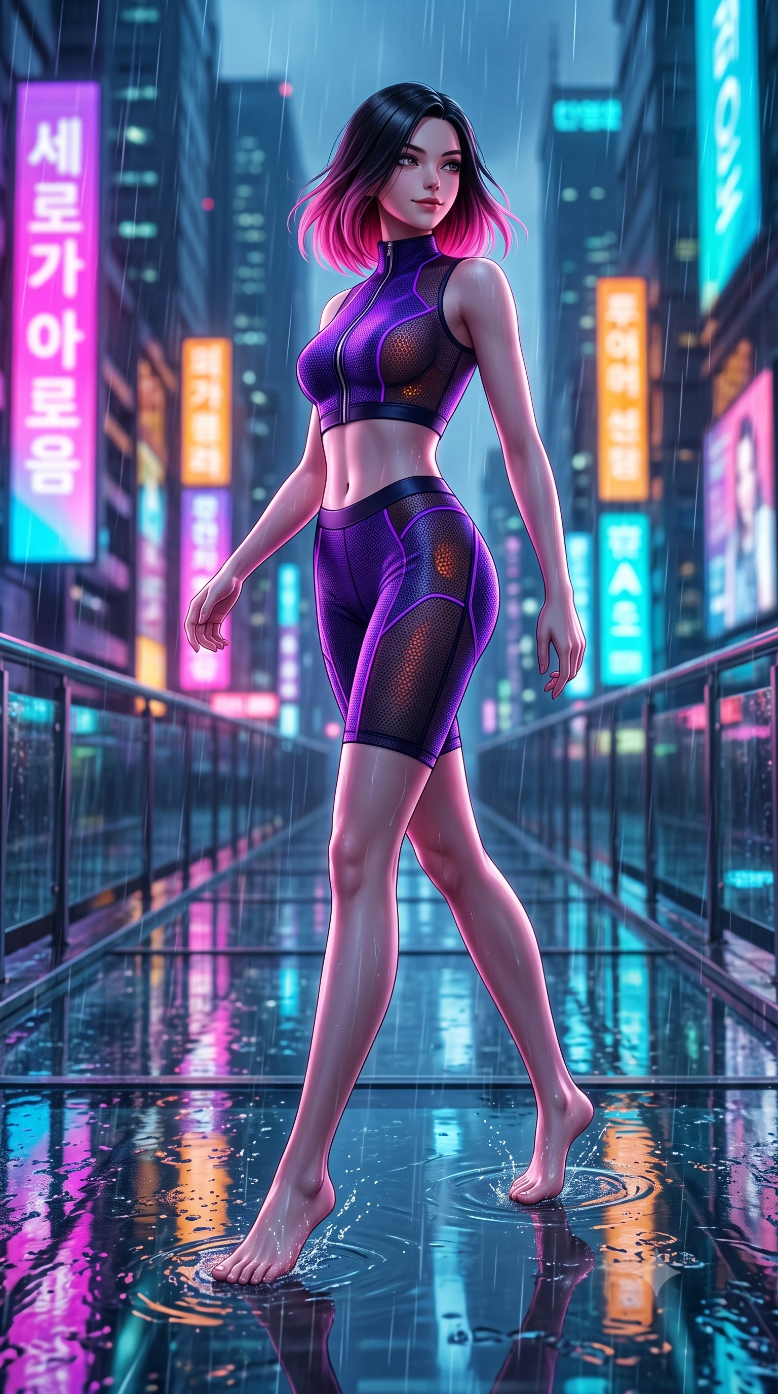 score_9, masterpiece, best quality, ultra-detailed, high-budget anime keyframe, semi-realistic 3D game render, editorial fashion photography, tasteful artistic composition, Korean woman. low angle full-body shot from head to toe showing her feet, filling the entire 9:16 vertical frame with her statuesque presence, stretching her vertical silhouette. walking slowly along the transparent glass skybridge, looking back over her shoulder with an air of effortless grace and an alluring, smoldering smile while walking dynamically across the wet tarmac while glancing back, her tailored combat suit hugging her curves in the neon-lit downpour. The background shows a soft-focus towering futuristic Neo-Seoul mega-skyscrapers with vertical Korean holographic billboards blurred into magenta, amber, and laser turquoise bokeh. She has an absolutely perfect, statuesque 8.5-heads proportion, an exceptionally tall and slender model-like female figure with impossibly long slender legs, an ultra-slim waist, a flat toned midriff, narrow delicate ribcage, and beautifully sculpted feminine hips creating a graceful, slim hourglass silhouette without any bulky heaviness. sharp v-shaped jawline, high-bridge nose, intricate jewel-like sparkling eyes with depth, thick eyelashes, glossy parted lips with a natural sheen, bright confident smile with an enchanting and coquettish sensual glint, exuding both youthful magnetic charm and sovereign high-tech allure, flawlessly proportioned anatomical accuracy, strict slender model proportions, natural body alignment, perfectly sculpted long slender limbs, ultra-slim waistline, clean dynamic posture without body distortion. wearing a sleek two-piece combat athletic set with a zip-front mock-neck crop top and contouring biker shorts hugging her curvy hips in neon electric violet and deep space obsidian, crafted from sheer technical cyber-lace reinforced with ultra-thin Kevlar threads, accented with subtle hexagonal heat-sink vents glowing with dim orange thermal heat, the aerodynamic second-skin silhouette tightly following the natural contour of her hips and long slender legs with youthful 8.5-heads elegance. bathed in intense saturated magenta and electric cyan billboard reflections bouncing off wet asphalt. highly saturated vibrant anime colors, detailed shading with soft gradients, rich glossy textures, high-contrast stereoscopic depth, volumetric dynamic lighting, master piece, 9:16 ratio
