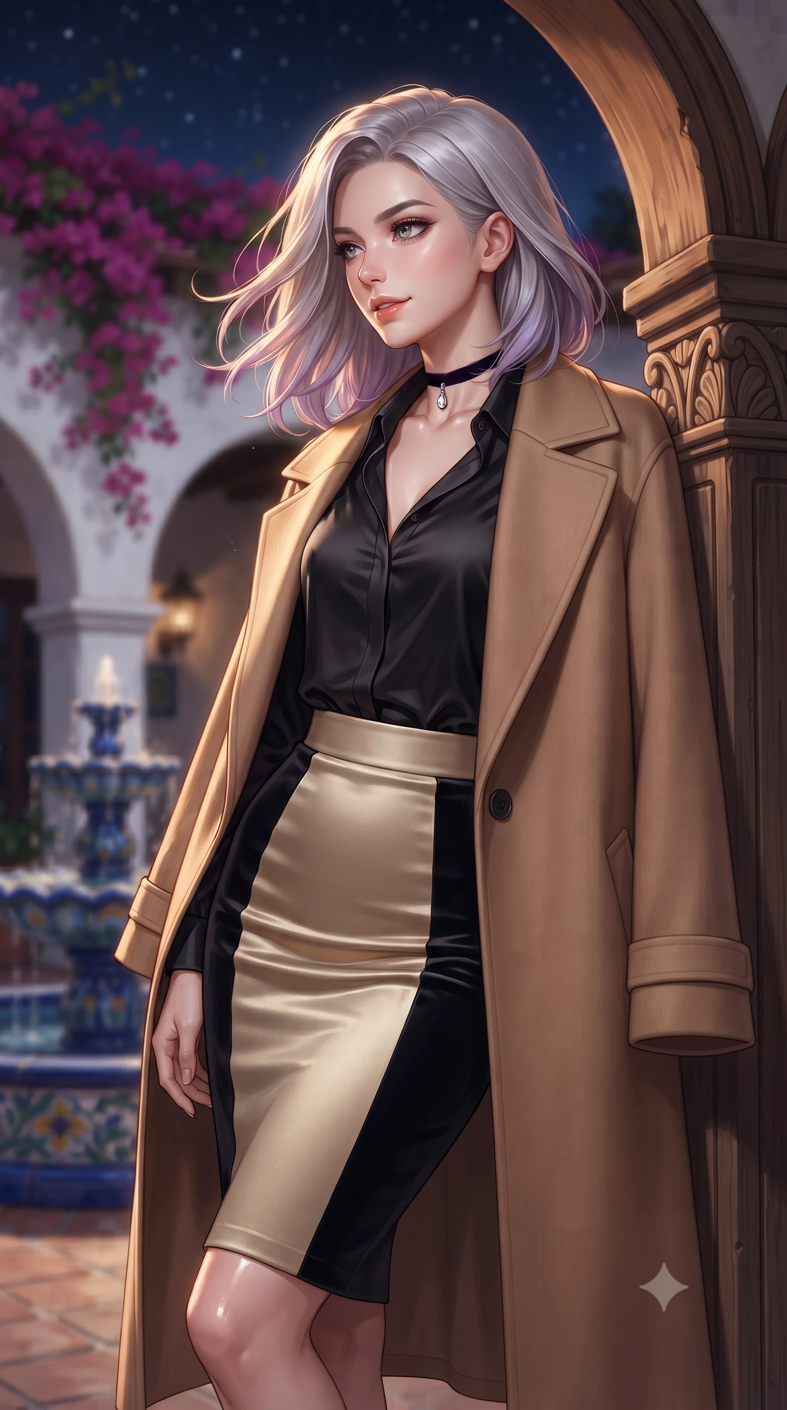 score_9, masterpiece, best quality, ultra-detailed, high-budget anime keyframe, editorial fashion photography, tasteful artistic composition, Caucasian woman. close-up cowboy shot from the waist and thighs up, the character dominates the composition, filling the frame with her large presence. turning slowly with an enchanting smoldering smile, her glossy hair tossing in the breeze as her hips angle gracefully in a captivating contrapposto while leaning against the carved wooden arched portico pillar with hips cocked back, casting an intoxicating smoldering bedroom-gaze. The background shows a soft-focus cascading magenta bougainvillea over whitewashed stucco arches, hand-painted blue ceramic fountain tiles, and starry California night blurred into magenta, cobalt, and terracotta bokeh. She has an exceptionally elegant, slender, and willowy female figure with an ultra-slim waist, flat toned midriff, narrow ribcage, and sculpted feminine hips creating an alluring, slim hourglass silhouette without bulk. sharp v-shaped jawline, high-bridge nose, intricate jewel-like sparkling eyes with depth, thick eyelashes, glossy parted lips with a natural peach sheen, bright cheerful beaming smile with an enchanting and coquettish sensual glint, exuding both youthful cute charm and seductive allure, flawlessly proportioned anatomical accuracy, strict slender model proportions, natural body alignment, perfectly sculpted long slender limbs, ultra-slim waistline, clean dynamic posture without body distortion. wearing a structured double-faced camel hair wrap coat draped over a tailored silk blouse and pencil skirt in deep midnight obsidian black and champagne gold, tailored from ultra-plush silk velvet with rich tactile depth and deep shadow gradients, finished with a thin velvet ribbon choker and a single teardrop diamond pendant, the impeccably tailored cut draping gracefully along her slender figure with aristocratic poise. illuminated by fountain water reflection bounce and sharp amber-gold rim lights defining her razor-sharp jawline, narrow waist, and curvy hips. ultra-reflective glossy finish, specular highlights, rich textural contrasts, high-contrast stereoscopic depth, volumetric dynamic lighting, 2k, ultra detail, master piece, 9:16 ratio