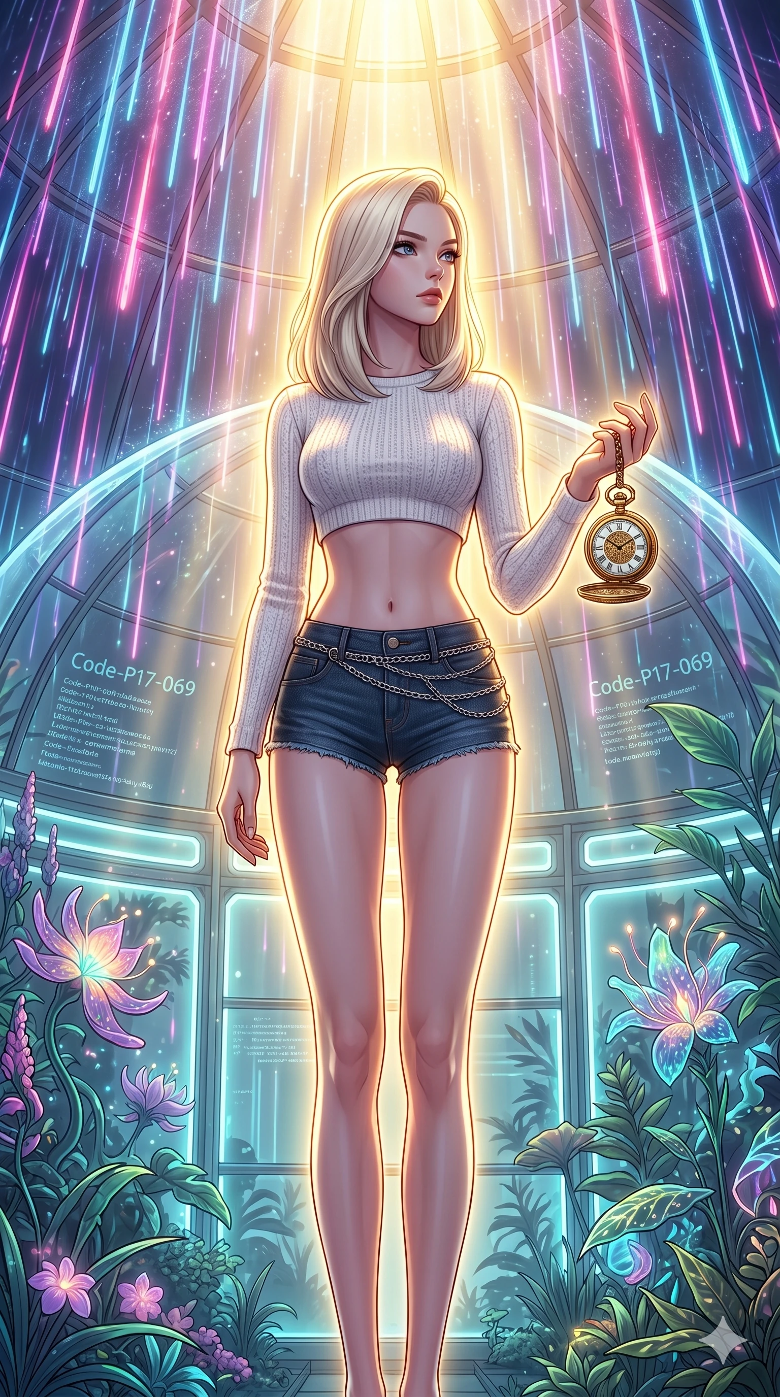 score_9, masterpiece, best quality, ultra-detailed, high-budget anime keyframe, editorial fashion photography, tasteful artistic composition, Caucasian woman, strictly human ears. cowboy shot from the thighs up, character and outfit filling the frame for maximum editorial presence. holding a golden pocket watch, looking past the camera in a futuristic greenhouse under a dome of falling neon rain (Code-P17-069). She has an absolutely perfect 8-heads proportion, an exceptionally tall and slender female figure with impossibly long slender legs and an ultra-slim waist. V-shaped jawline, high-bridge nose, intricate jewel-like eyes with depth, thick eyelashes, glossy lips with a natural sheen. wearing a modern crop top exposing her bare midriff, paired with denim micro-shorts. brilliant golden rays from the ceiling, creating a warm glowing aura on her silhouette. 2k, ultra detail, master piece, 9:16 ratio