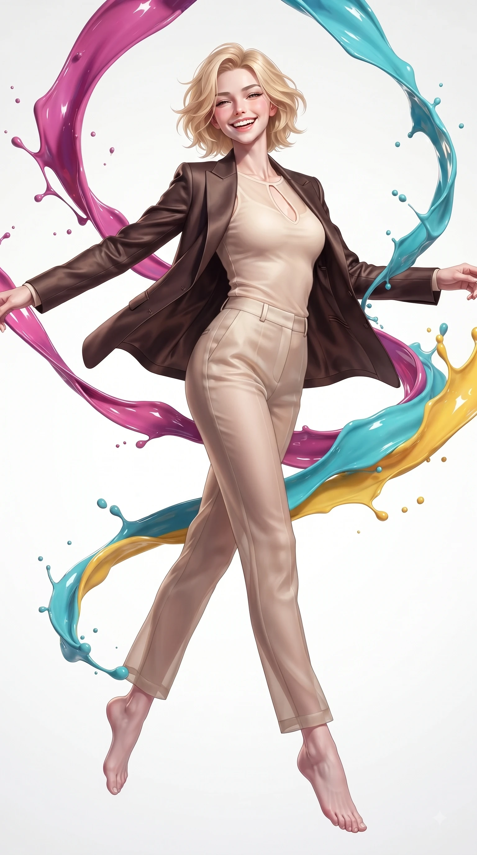 score_9, masterpiece, best quality, ultra-detailed, high-budget anime keyframe, editorial fashion photography, tasteful artistic composition, Caucasian woman. low angle full-body shot from head to toe showing her feet, filling the entire 9:16 vertical frame with her statuesque presence, stretching her vertical silhouette. performing a cheerful mid-air rotation with flawless poise, her radiant smile capturing pure happy energy while spinning joyfully amidst swirling ribbons of magenta, turquoise, and yellow liquid acrylic paint, paint droplets catching sharp specular highlights as she turns with a beaming smile. She has an absolutely perfect, statuesque 8.5-heads proportion, an exceptionally tall and slender model-like female figure with impossibly long slender legs and an ultra-slim waist. sharp v-shaped jawline, high-bridge nose, intricate jewel-like eyes with depth, thick eyelashes, glossy lips with a natural sheen, flawlessly proportioned anatomical accuracy, natural body alignment, perfectly sculpted elegant limbs, clean dynamic posture without body distortion. wearing a tailored silk blazer over a form-contouring scoop-neck top and slacks in espresso brown and warm cream, woven from fine semi-opaque sheer organza, accented with a Tasteful chest slit framing her clavicle gracefully, the elegant draped fit framing her graceful clavicle and slender torso. bathed in high-contrast vibrant studio lighting with sharp cheerful specular highlights. ultra-reflective glossy finish, specular highlights, metallic sheen, high-contrast stereoscopic depth, volumetric dynamic lighting, 2k, ultra detail, master piece, 9:16 ratio