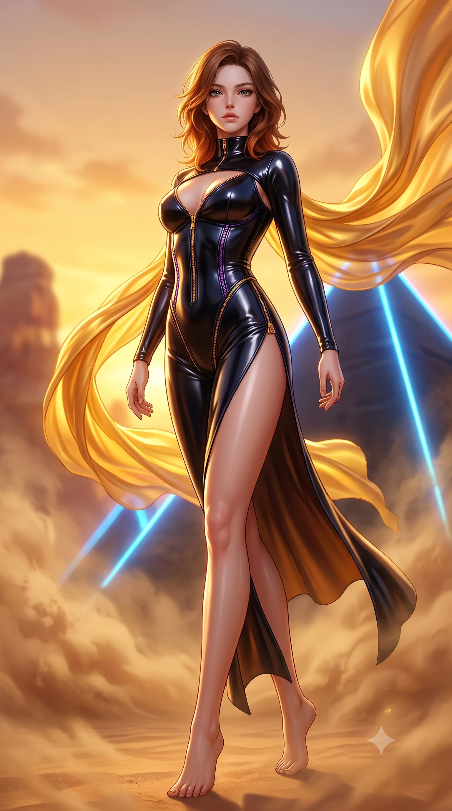 score_9, masterpiece, best quality, ultra-detailed, high-budget anime keyframe, semi-realistic 3D game render, editorial fashion photography, tasteful artistic composition, Korean woman. low angle full-body shot from head to toe showing her feet, filling the entire 9:16 vertical frame with her statuesque presence, stretching her vertical silhouette. pivoting dynamically in mid-motion with a breathtakingly alluring posture, displaying her flawless model proportions and ultra-slim waist while standing with sovereign majesty in the desert wind as glowing golden fabric whips around her slender figure. The composition keeps background elements in soft focus with creamy bokeh. swirling desert dust clouds and distant alien mesas softened by shallow atmospheric focus. She has an absolutely perfect, statuesque 8.5-heads proportion, an exceptionally tall and slender model-like female figure with impossibly long slender legs and an ultra-slim waist. sharp v-shaped jawline, high-bridge nose, intricate jewel-like eyes with depth, thick eyelashes, glossy lips with a natural sheen, flawlessly proportioned anatomical accuracy, natural body alignment, perfectly sculpted elegant limbs, clean dynamic posture without body distortion. wearing a glossy black second-skin latex bodysuit with high-thigh cuts, exposed clavicle neckline, and gleaming zipper details in lustrous molten gold and pure deep violet, made of liquid metal jersey that clings flawlessly to every contour of her build, finished with an ultra-high side slit secured by miniature magnetic clasps, the form-contouring second-skin material highlighting her ultra-slim waist and long lines. bathed in blazing golden-amber sunset radiance and glowing electric blue neon pyramid backlighting. highly saturated vibrant anime colors, detailed shading with soft gradients, rich glossy textures, high-contrast stereoscopic depth, volumetric dynamic lighting, master piece, 9:16 ratio