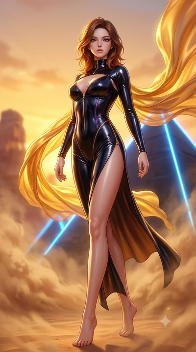 score_9, masterpiece, best quality, ultra-detailed, high-budget anime keyframe, semi-realistic 3D game render, editorial fashion photography, tasteful artistic composition, Korean woman. low angle full-body shot from head to toe showing her feet, fil