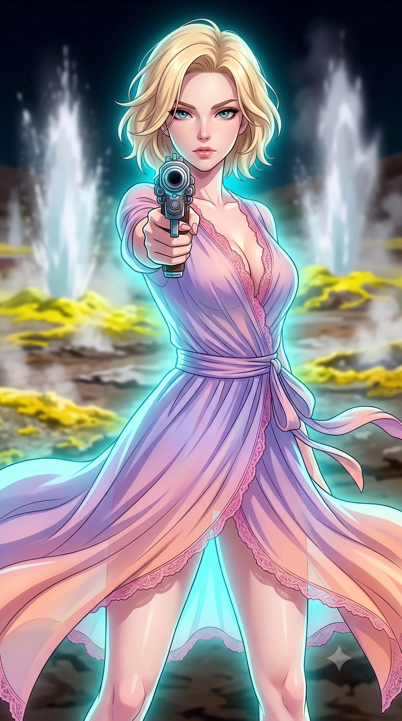 score_9, masterpiece, best quality, ultra-detailed, high-budget anime keyframe, clean line-art, cel-shading, Caucasian woman, strictly human ears. close-up cowboy shot from the waist and thighs up, the character dominates the composition, filling the frame with her large presence, background elements kept in soft focus. Pointing a weapon directly past the lens with a calm, dominant gaze of superiority. set against a soft-focus background of a field of active geysers erupting high pressure boiling water, mineral crusts of bright sulfur yellow lining the steaming earth. She has an exceptionally elegant and slender, willowy female figure with an ultra-slim waist, a gracefully sculpted slender torso, and a refined slim physique. sharp v-shaped jawline, high-bridge nose, intricate jewel-like eyes with depth, thick eyelashes, glossy lips with a natural sheen. wearing the lightweight fabric rippling and billowing dramatically with her movement, a tailored translucent chiffon wrap dress in a lavender-to-peach gradient, revealing her slender silhouette, detailed with pink lace. soft aqua bioluminescent light making her skin luminously glow against darkness. highly saturated vibrant anime colors, intense vivid color palette, volumetric dynamic lighting, 2k, ultra detail, master piece, 9:16 ratio
