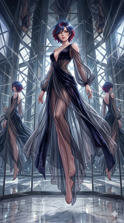 score_9, masterpiece, best quality, ultra-detailed, High-budget Anime Keyframe, East Asian woman. Dynamic full-body shot stretching the vertical silhouette to the limit. Scenario 236: Suspended by invisible silk threads in a hall of mirrors. Her pres