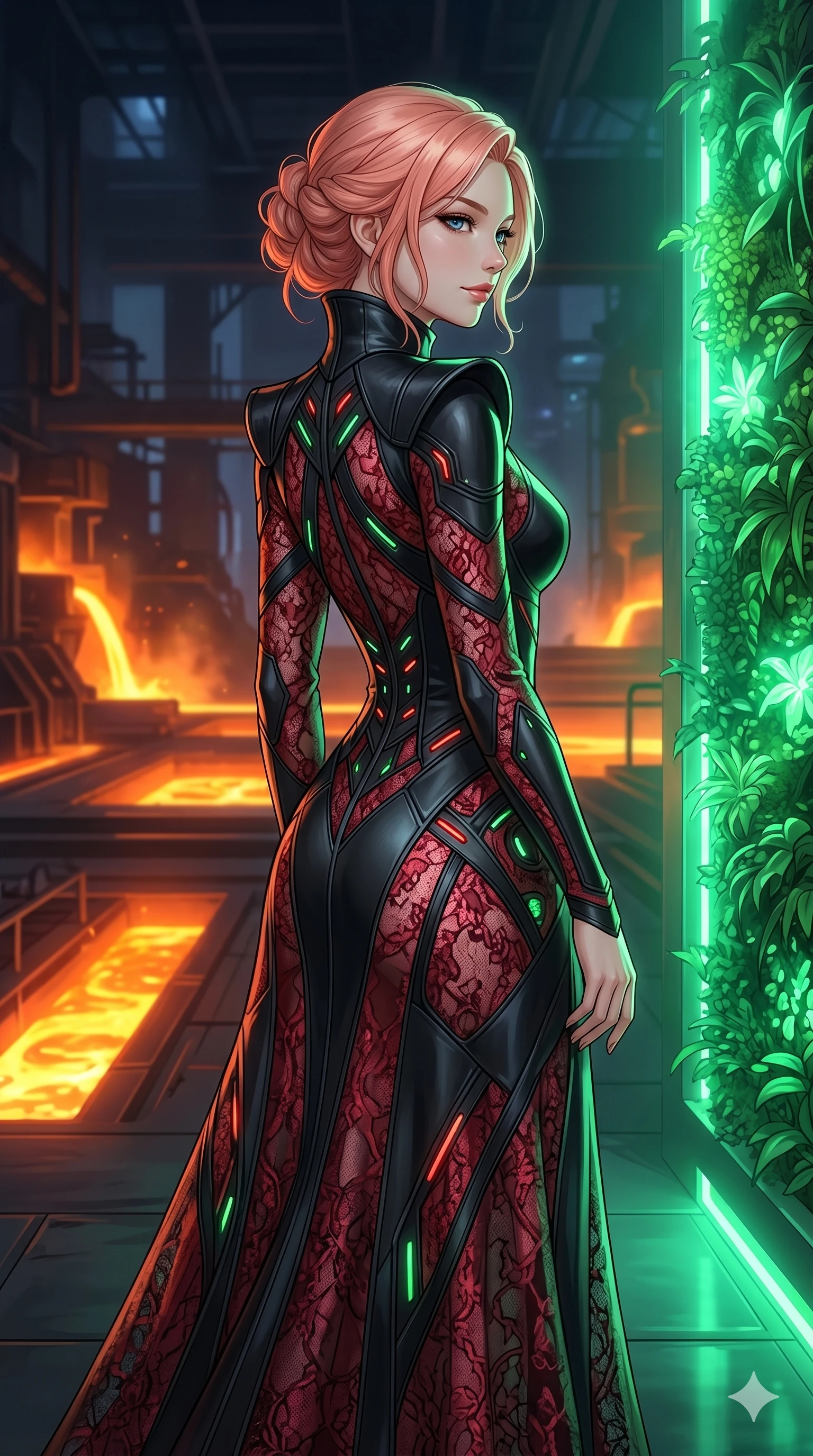score_9, masterpiece, best quality, ultra-detailed, high-budget anime keyframe, editorial fashion photography, tasteful artistic composition, Japanese woman. cowboy shot from the thighs up, character and outfit filling the frame for maximum editorial presence. Glancing sidelong over her shoulder with a magnetic half-smile, her profile highlighted by the light inside a futuristic metal refinery where molten steel flows in glowing channels, with a quiet silence hanging over the sacred ground. She has an absolutely perfect 8-heads proportion, an exceptionally tall and slender female figure with impossibly long slender legs and an ultra-slim waist. V-shaped jawline, high-bridge nose, intricate jewel-like eyes with depth, thick eyelashes, glossy lips with a natural sheen. wearing a floor-length cyber-gothic gown combining matte black leather panels with semi-opaque crimson lace. bathed in a luminous emerald glow from nearby plants, highlighting her skin with natural light. 2k, ultra detail, master piece, 9:16 ratio