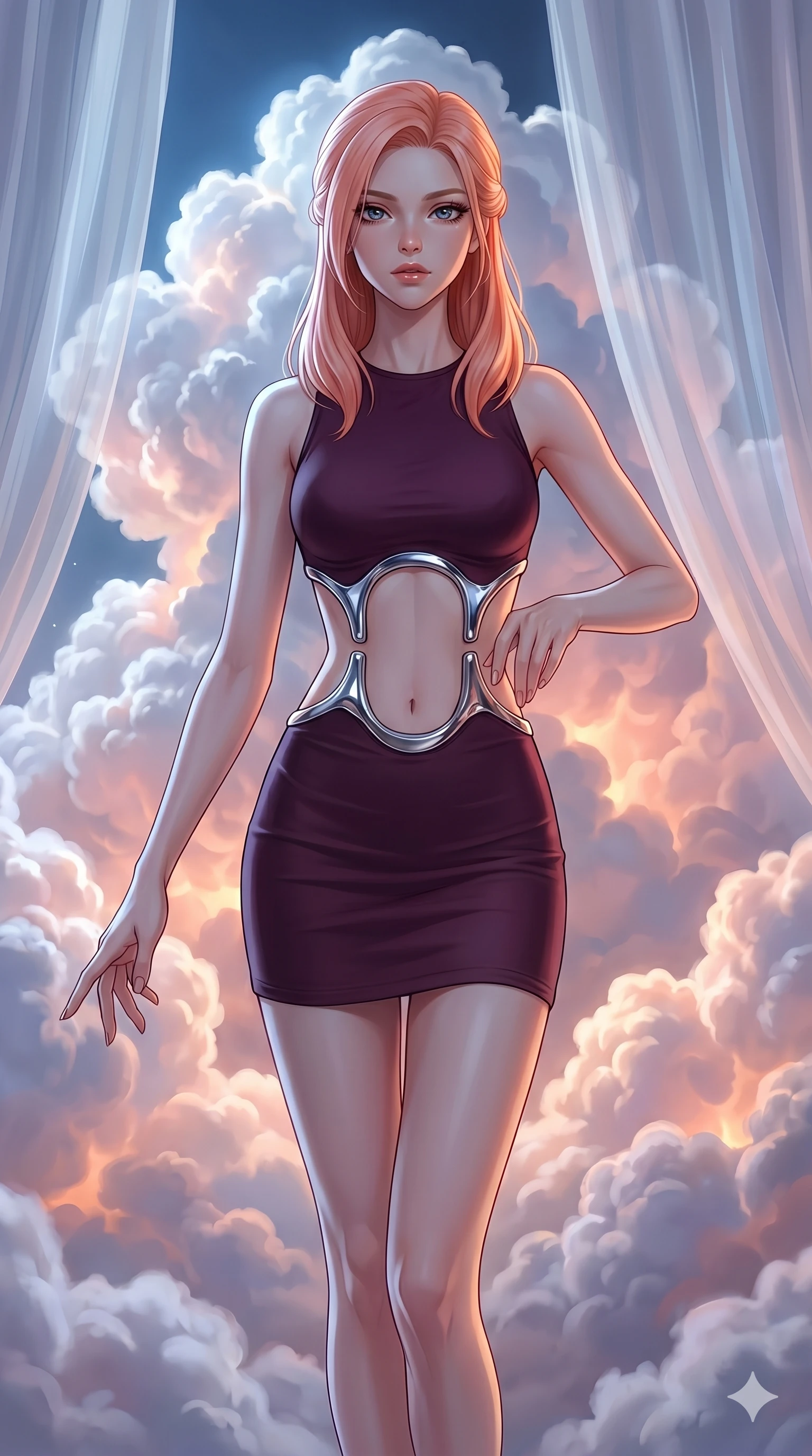 score_9, masterpiece, best quality, ultra-detailed, high-budget anime keyframe, editorial fashion photography, tasteful artistic composition, Japanese woman. cowboy shot from the thighs up, character and outfit filling the frame for maximum editorial presence. Reaching one hand toward the viewer with relaxed elegance inside a luminous cloud palace where cumulus formations glow with amber and rose from within. She has an absolutely perfect 8-heads proportion, an exceptionally tall and slender female figure with impossibly long slender legs and an ultra-slim waist. V-shaped jawline, high-bridge nose, intricate jewel-like eyes with depth, thick eyelashes, glossy lips with a natural sheen. wearing a deep plum precision bodycon mini dress with a dramatic architectural open-waist cutout framed by sculptural chrome hardware, the fitted fabric emphasizing her ultra-slim waist above and below. bathed in cold silver moonlight filtered through translucent gossamer curtains casting soft shadows on her curves. 2k, ultra detail, master piece, 9:16 ratio