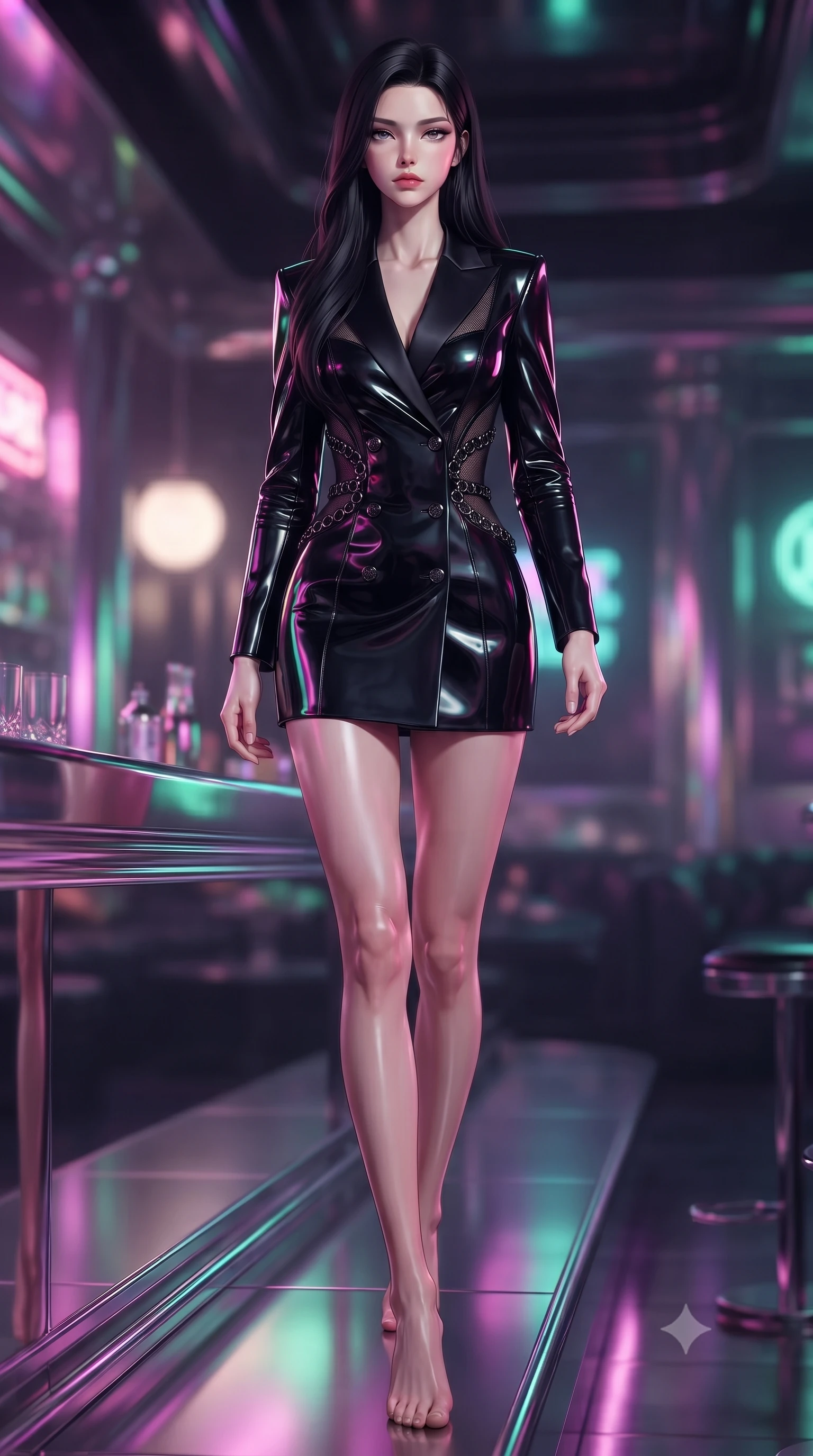 score_9, masterpiece, best quality, ultra-detailed, high-budget anime keyframe, editorial fashion photography, tasteful artistic composition, Korean woman. low angle full-body shot from head to toe showing her feet, filling the entire 9:16 vertical frame with her statuesque presence, stretching her vertical silhouette. navigating the private sanctuary with an effortless, graceful stride, resting against a polished chrome bar counter reflecting neon neon reflections, glove-like fit liquid vinyl dress highlighting her ultra-slim waist. She has an absolutely perfect, statuesque 8.5-heads proportion, an exceptionally tall and slender model-like female figure with impossibly long slender legs and an ultra-slim waist. sharp v-shaped jawline, high-bridge nose, intricate jewel-like eyes with depth, thick eyelashes, glossy lips with a natural sheen. wearing tailored double-breasted obsidian blazer dress with silk lapels in pitch-black onyx, made of fine dark contouring mesh, trimmed with dark chrome ring hardware along the waist contours, contouring every curve with an exceptionally elegant silhouette. lit by piercing key rays emerging from deep futuristic shadows. ultra-reflective glossy finish, specular highlights, metallic sheen, high-contrast stereoscopic depth, volumetric dynamic lighting, 2k, ultra detail, master piece, 9:16 ratio